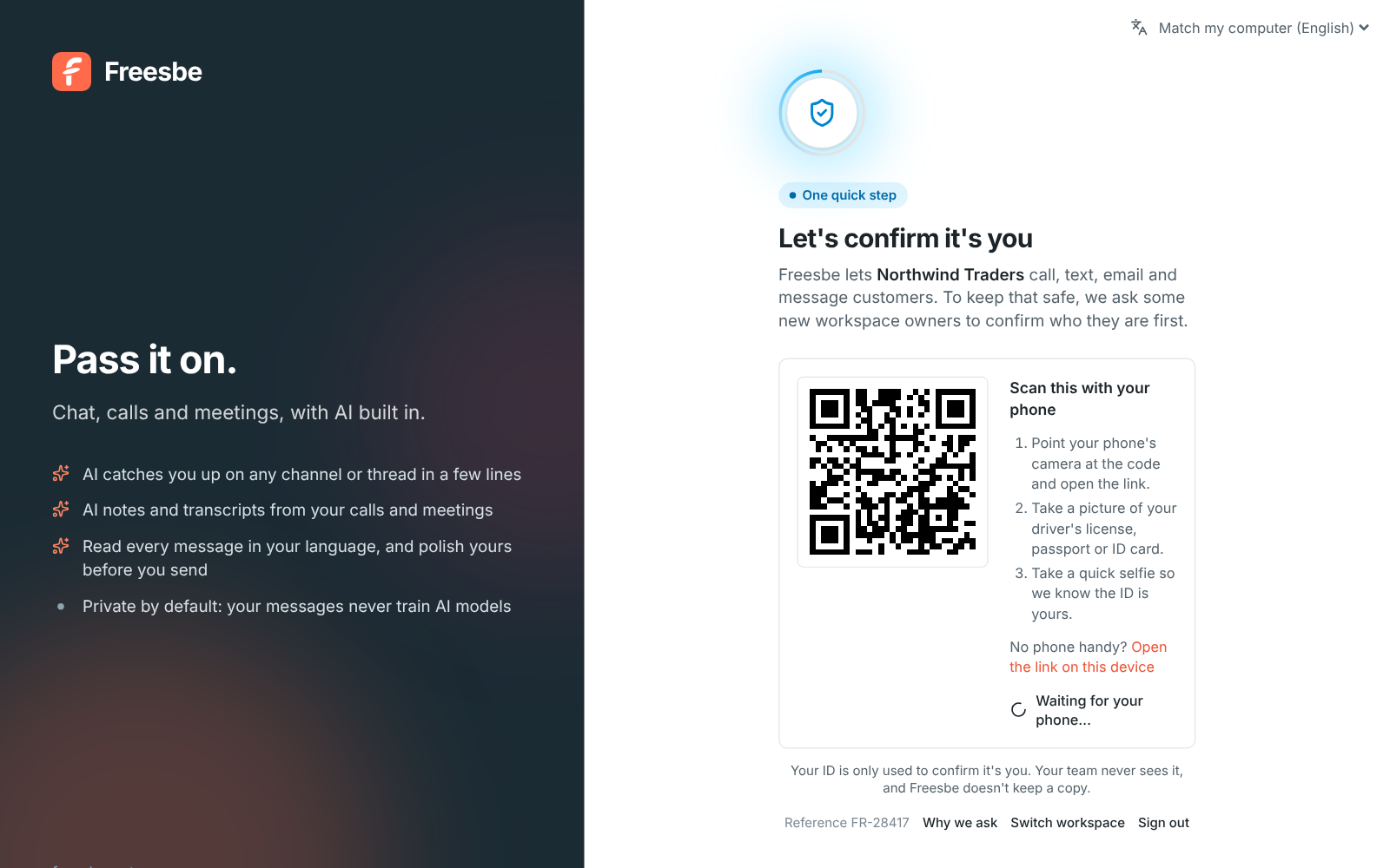 Verifying: the QR code to scan with your phone, and waiting for your phone