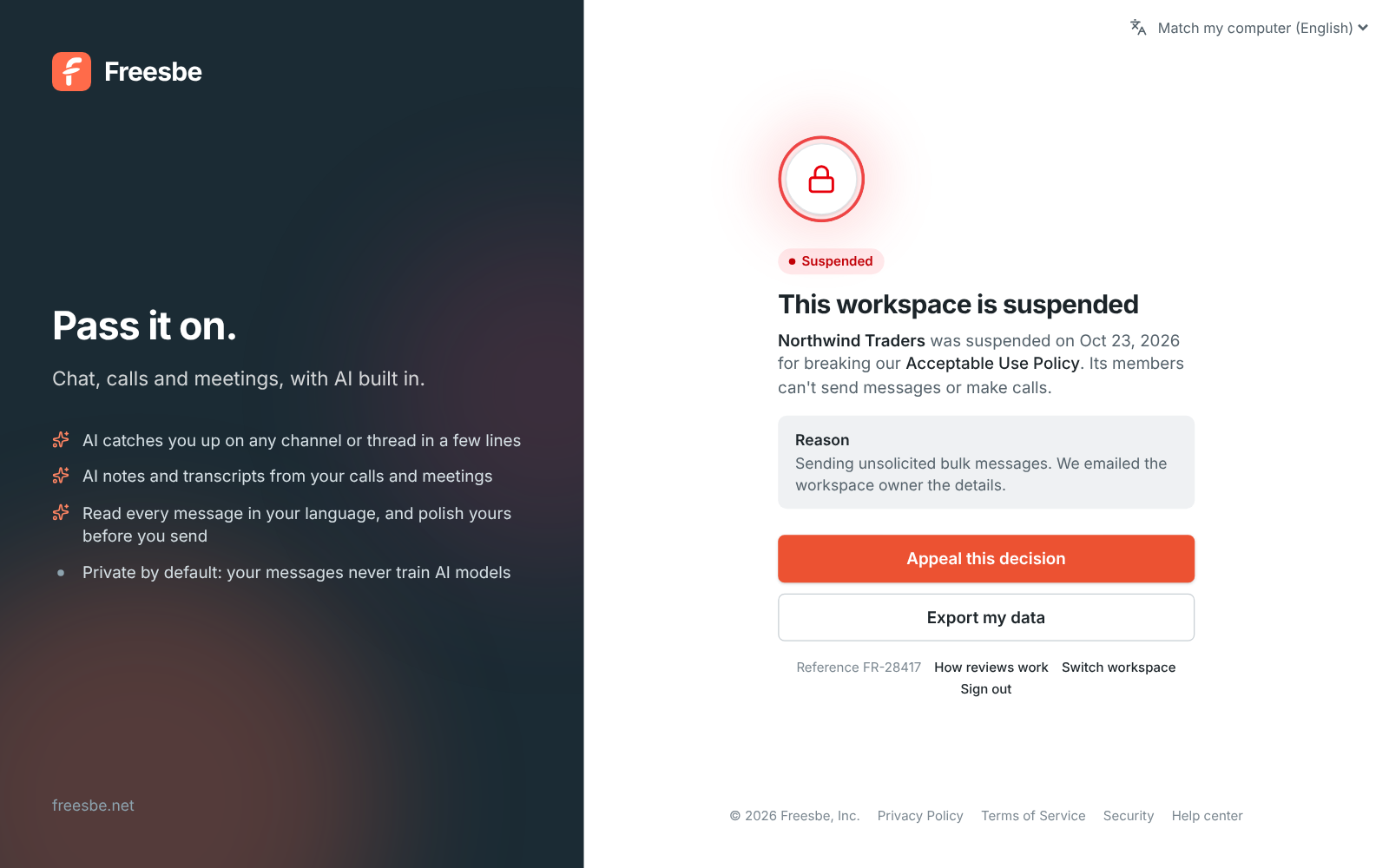 The status screen for a suspended workspace, with the reason, an appeal button and the export button for admins