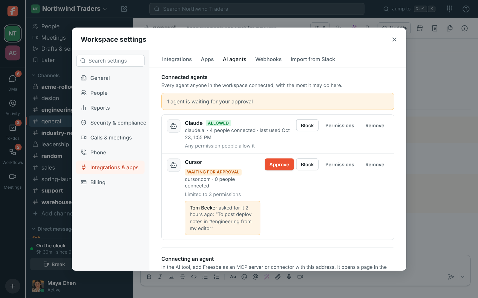 Workspace settings, AI agents: who can connect, the agents people connected with Approve, Block and Permissions, and the activity log