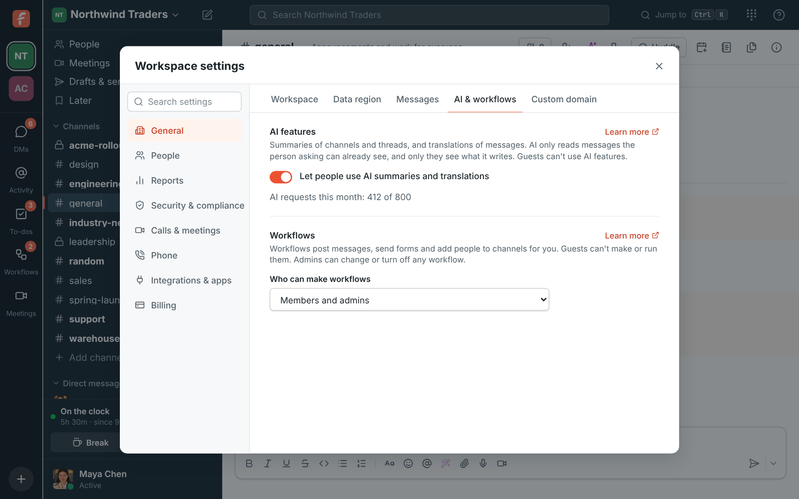 Workspace settings, AI features: the switch for AI summaries and translations, with 412 of 800 AI requests used this month