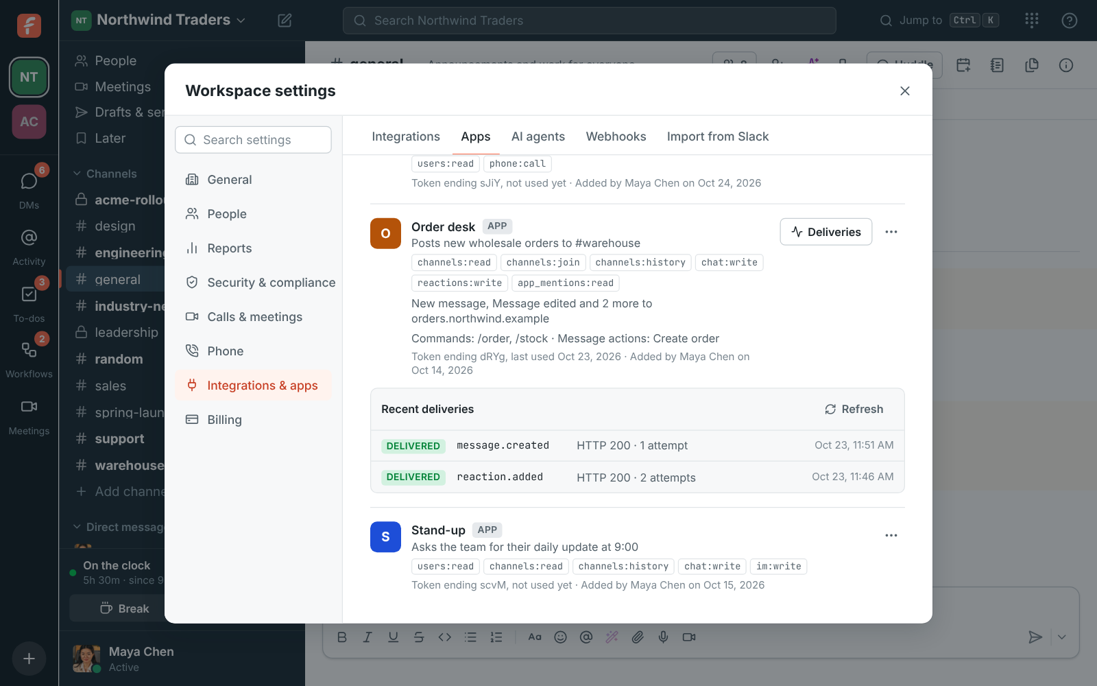 Order desk’s recent deliveries: message and reaction events, delivered
