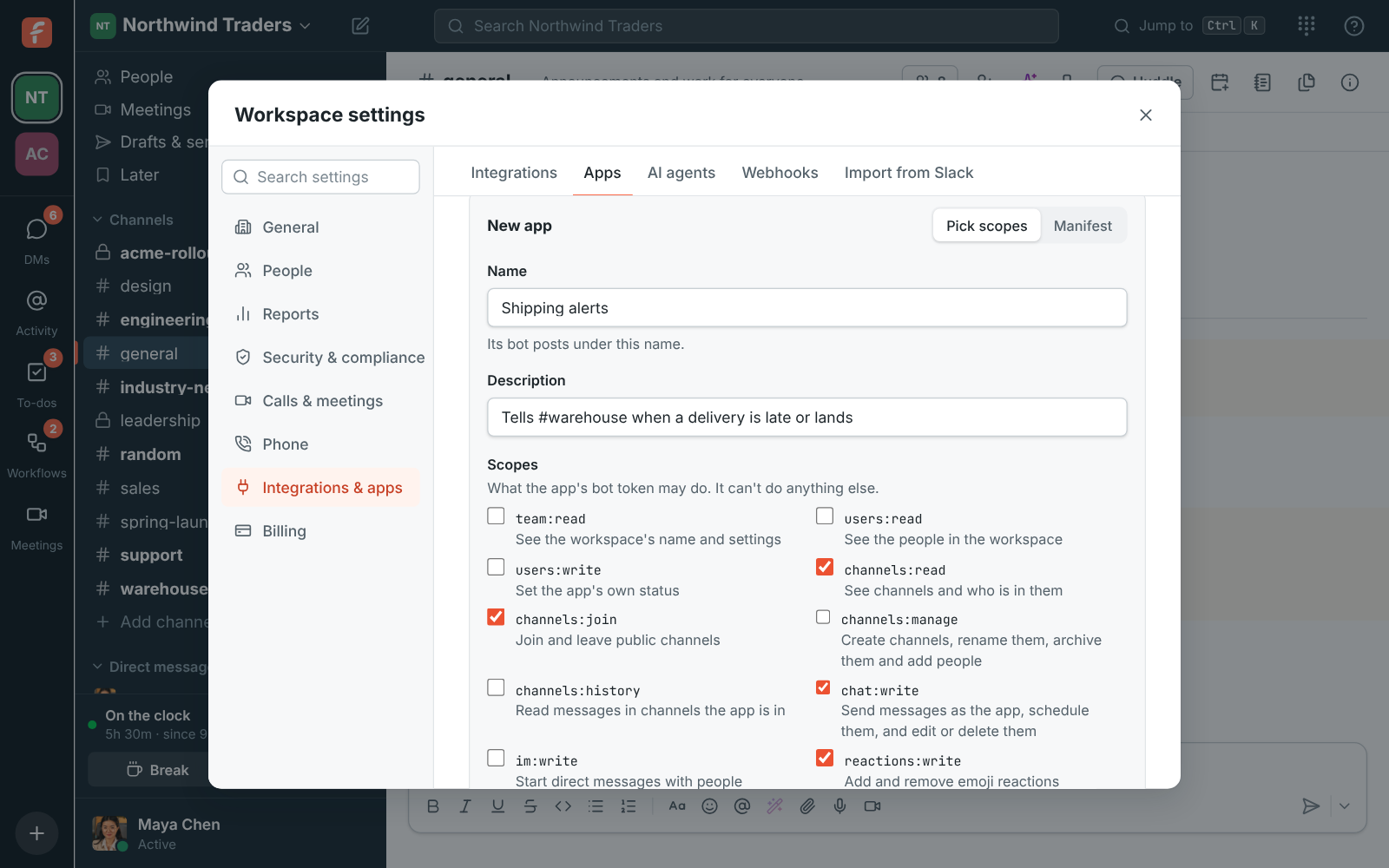 Create app: a name, a description and the scopes to tick