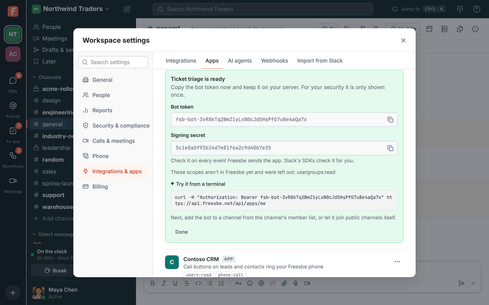The new app’s bot token, shown once, with a command to try it