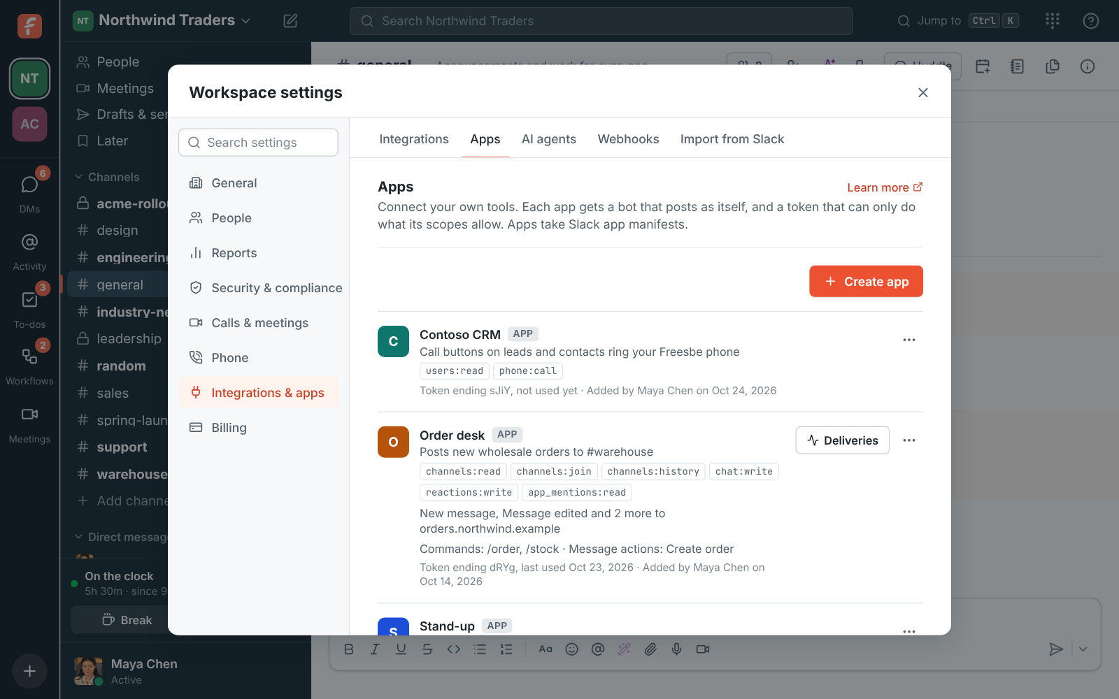 Workspace settings, Apps: Order desk and Stand-up, each with its scopes and token