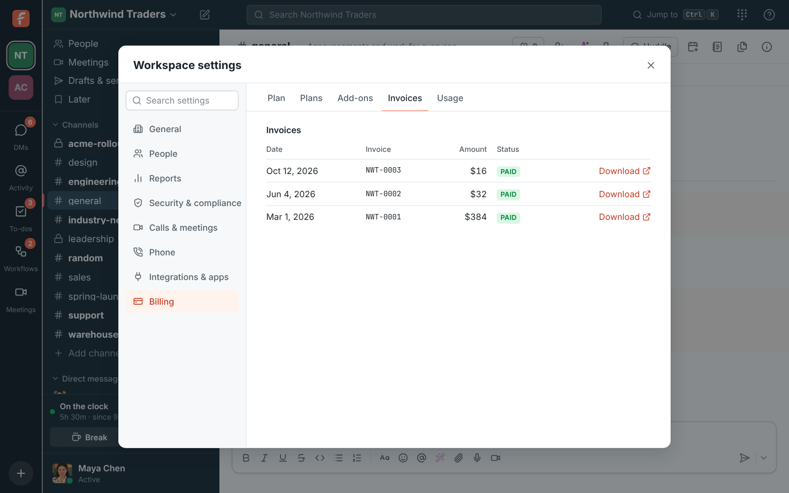 The invoice list: three paid invoices for Northwind Traders, $16, $32 and $384, each with a Download link