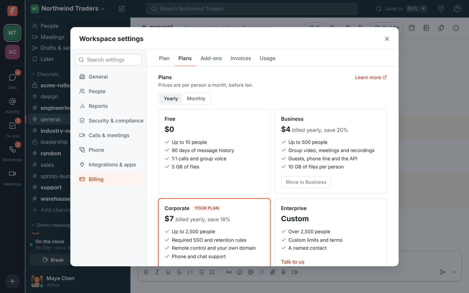 The plans on the Billing page, yearly prices: Free $0, Business $4, Corporate $7 marked as your plan, and Enterprise at a custom price