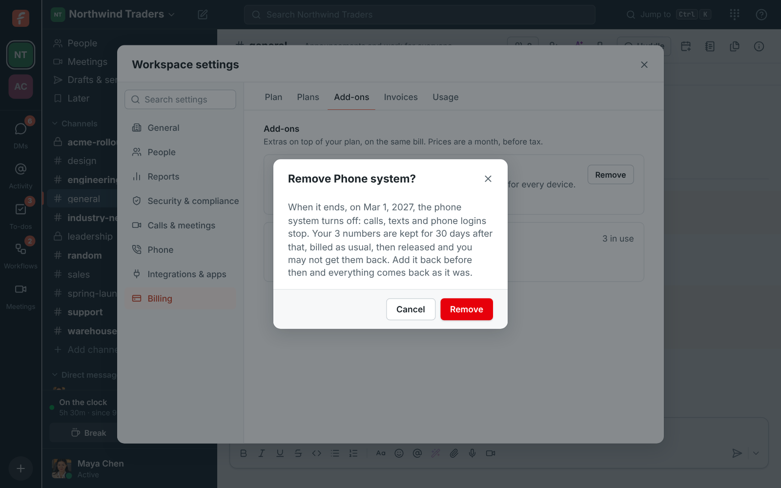 Billing: removing the Phone system add-on warns that the phone system turns off when it ends, and the 3 numbers are kept for 30 days after that