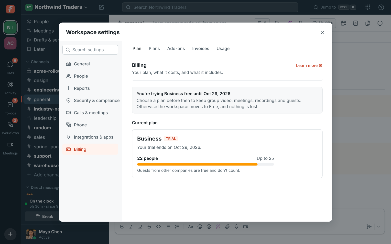 A Business trial on the Billing page: free until October 29, with the plans below to keep it