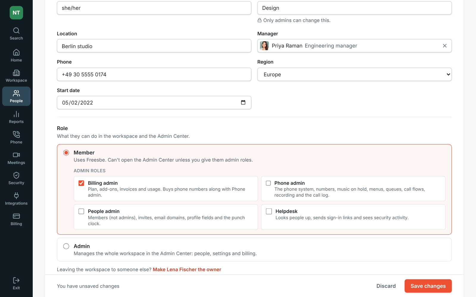 The Admin Center’s Members table with the Admin roles picker open