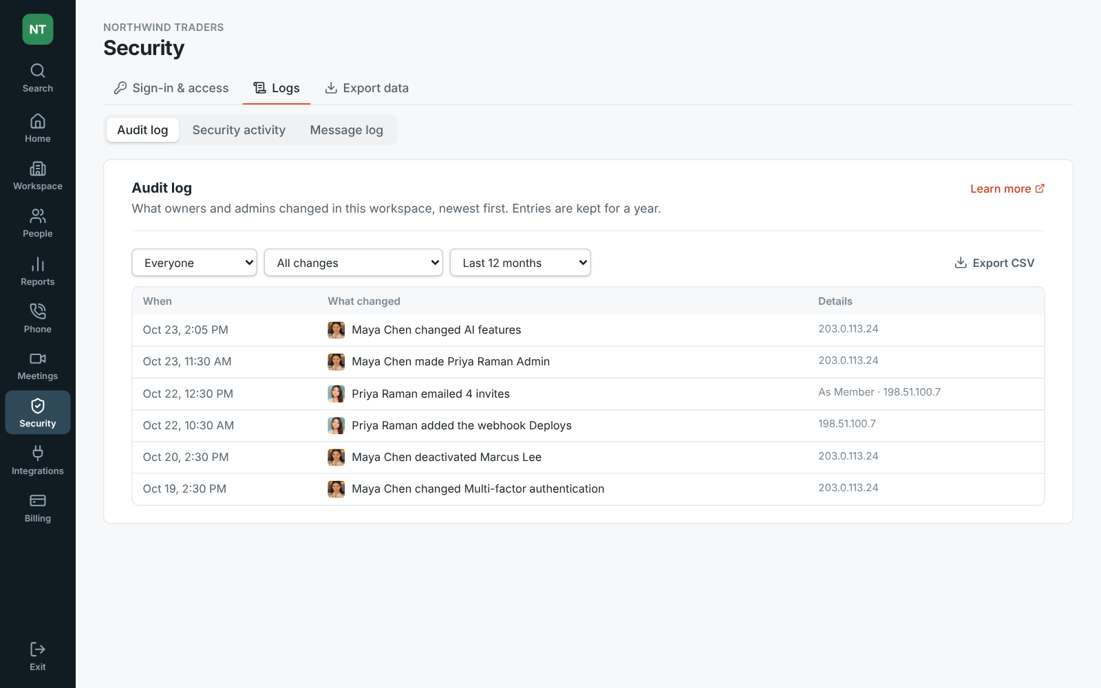 The Admin Center’s Audit log, filtered by who, what and month, with Export CSV