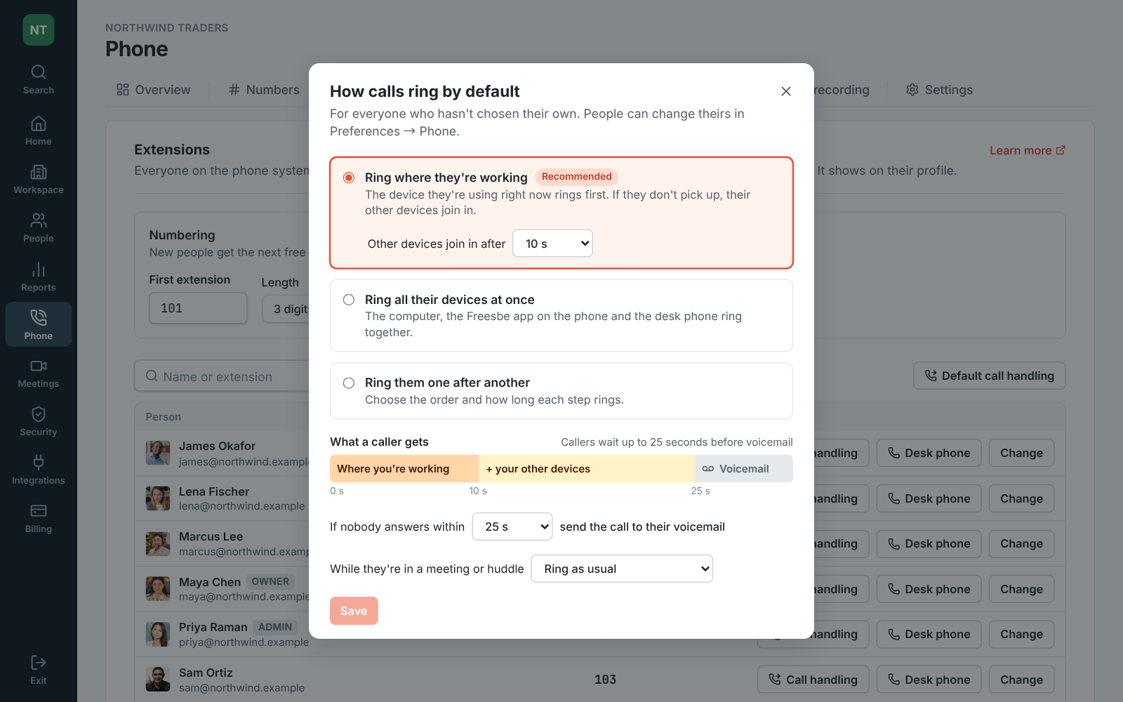 Admin Center, Phone → Extensions: the default call handling for everyone