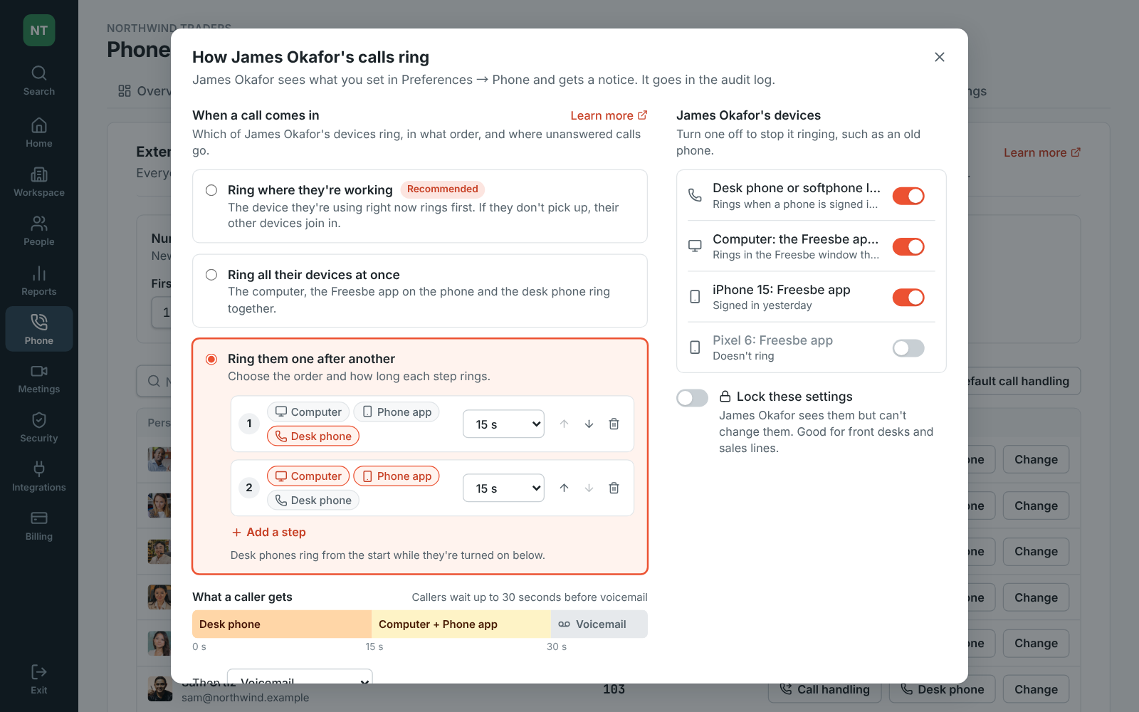 Admin Center, Phone → Extensions: how James Okafor’s calls ring, his desk phone for 15 seconds then his computer and iPhone, with an old Pixel turned off