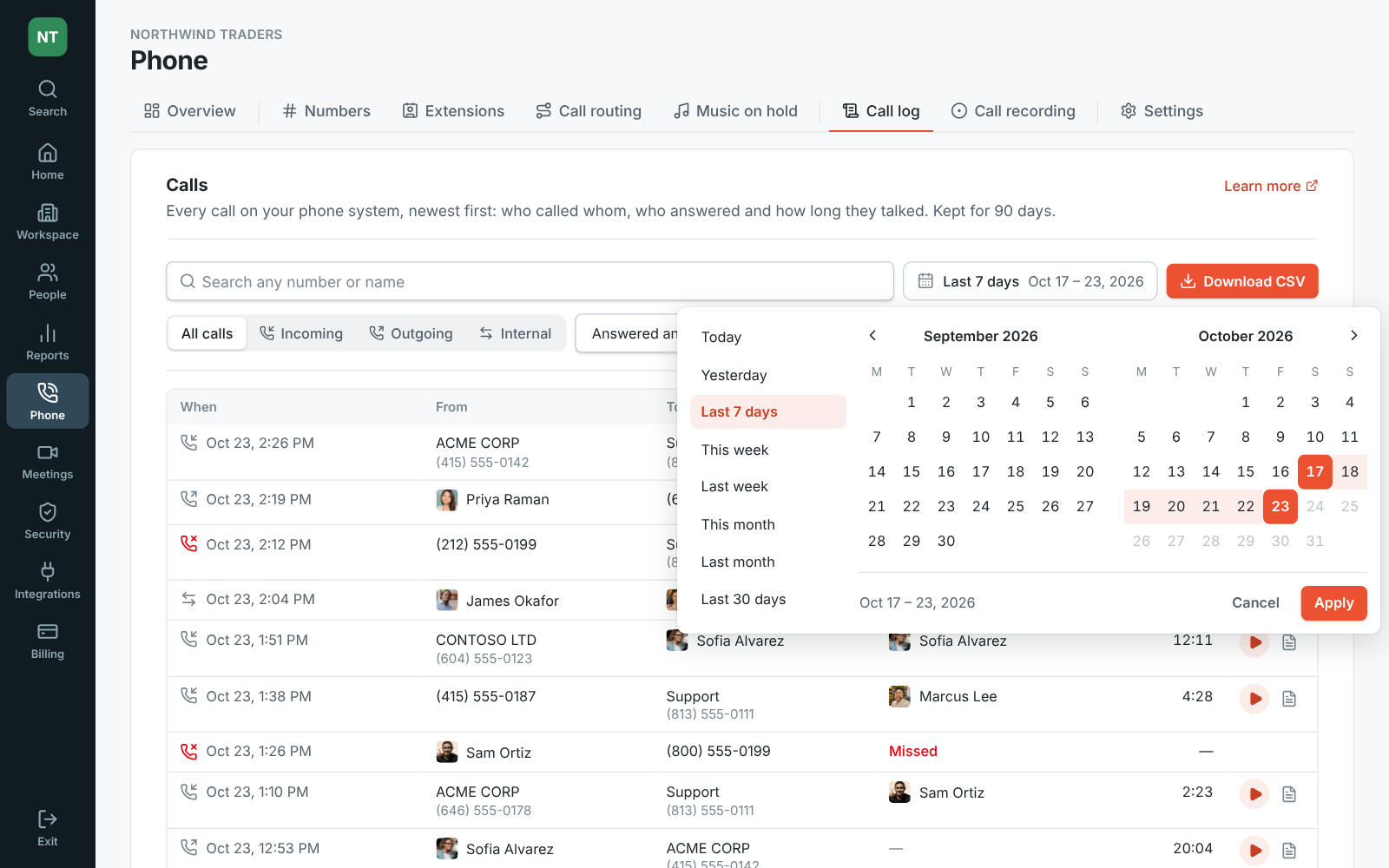 The call log’s calendar: pick the first and last day, or a range like this week or last month