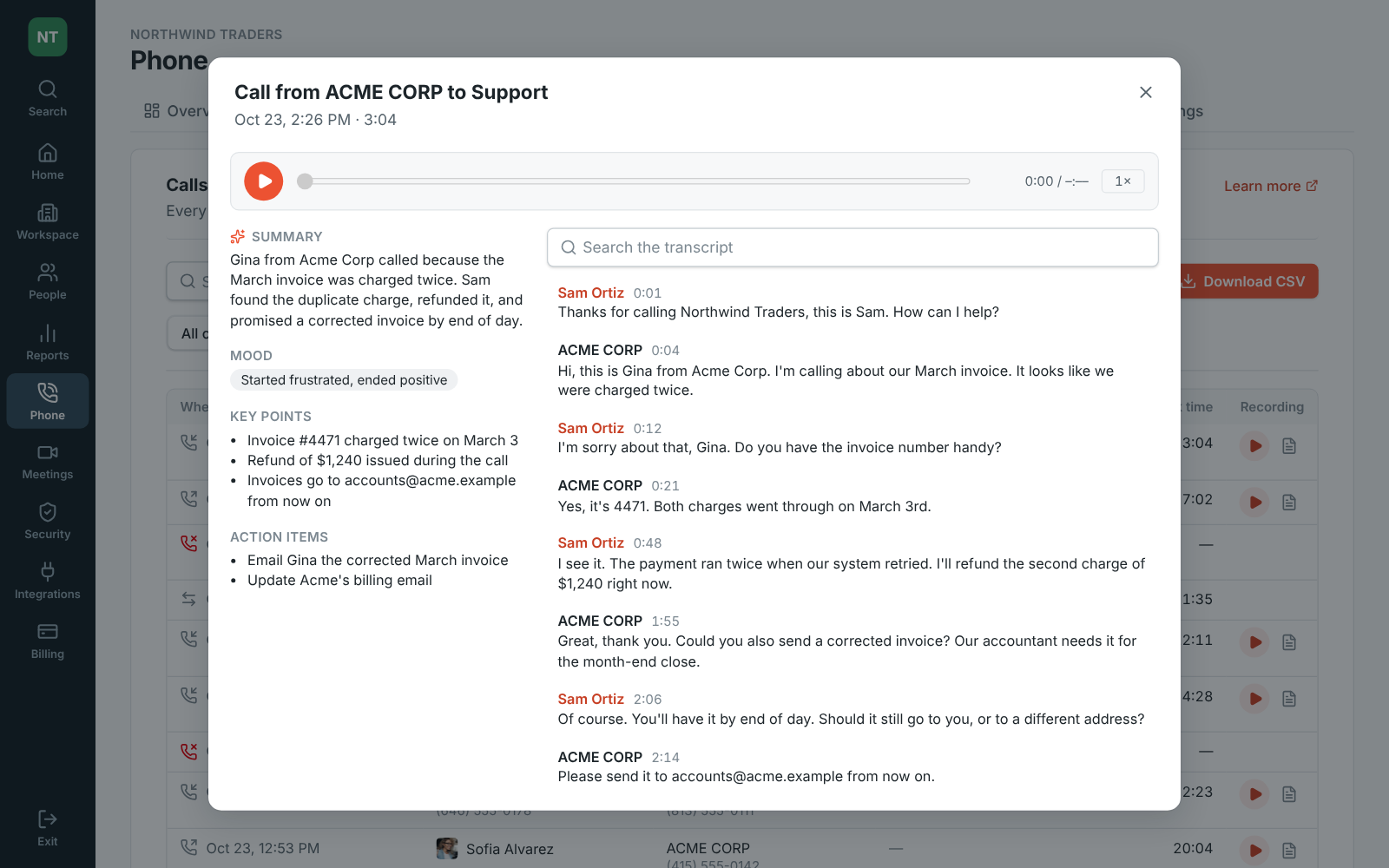 A call’s transcript: a summary, the caller’s mood, key points, what to do next, and every line of the call