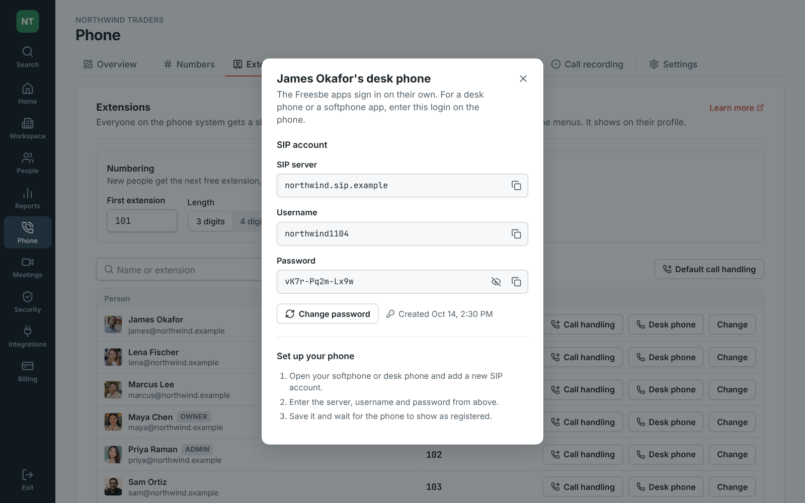 Admin Center, Phone → Extensions: James Okafor’s desk phone, with the SIP server, username and password shown