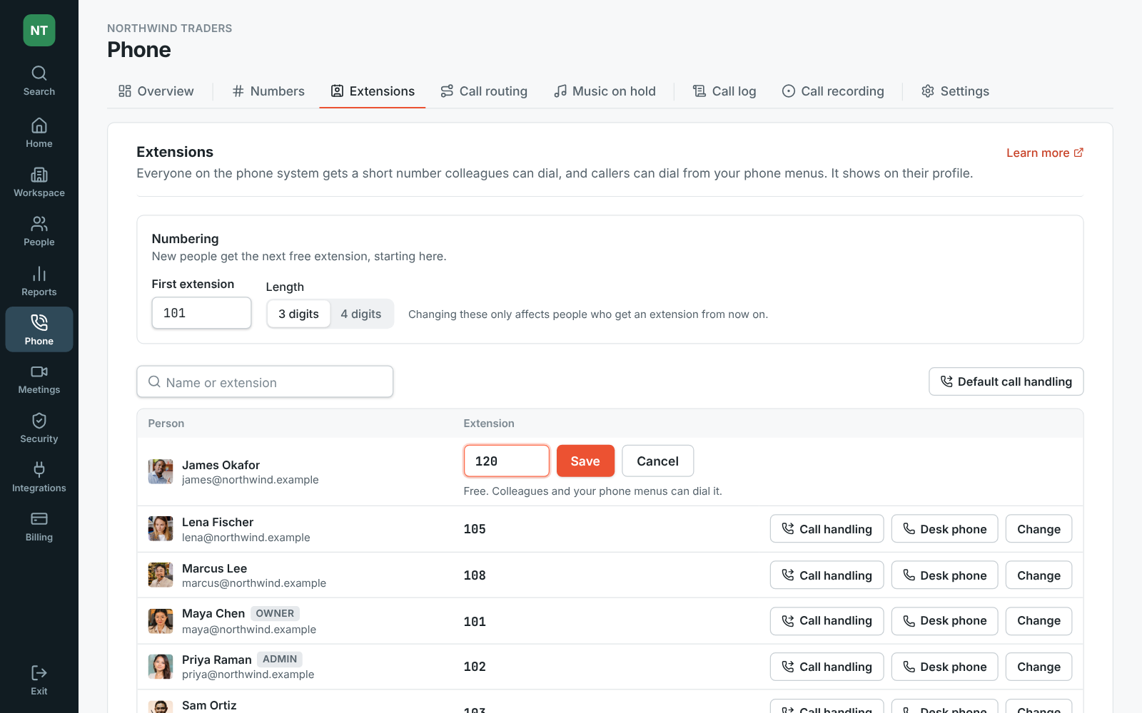 Admin Center, Phone → Extensions: numbering from 101 with 3 digits, and everyone’s extension, with James Okafor’s being changed to 120