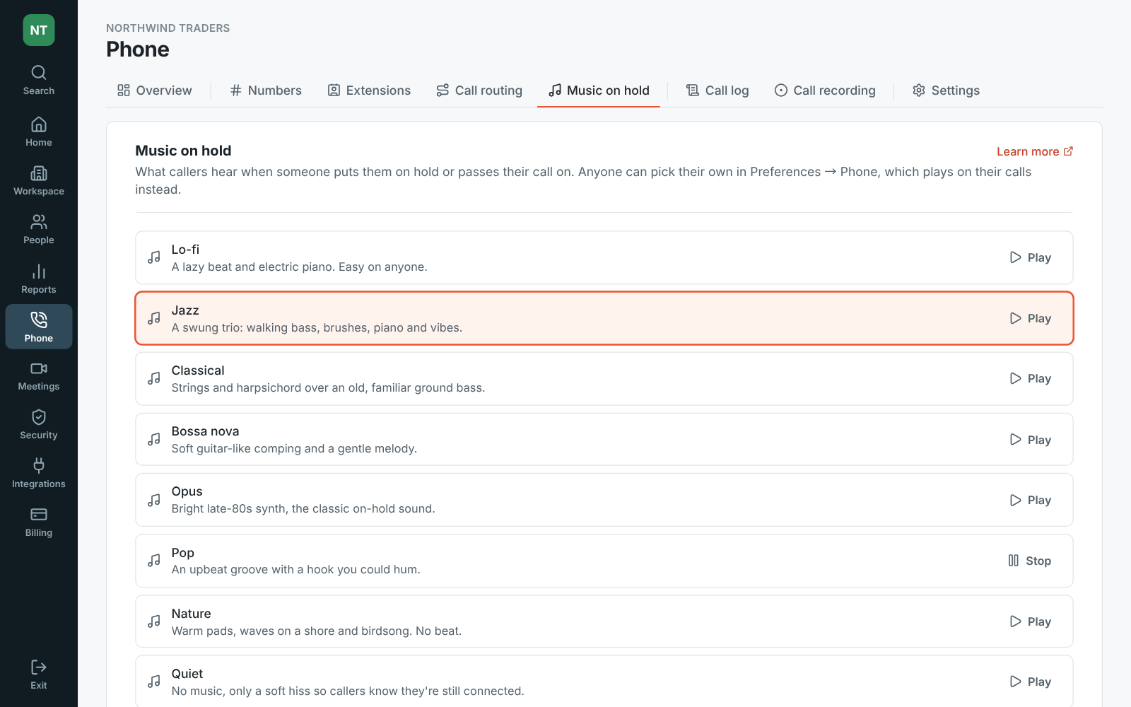 Admin Center, Phone → Music on hold: the eight tracks, with Jazz picked and Pop playing, and Your own music with an uploaded jingle