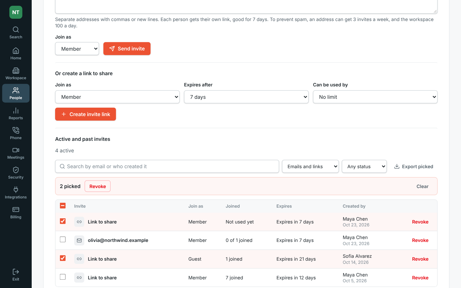 The Admin Center’s Invites table, searched and filtered, with several invites ticked to revoke