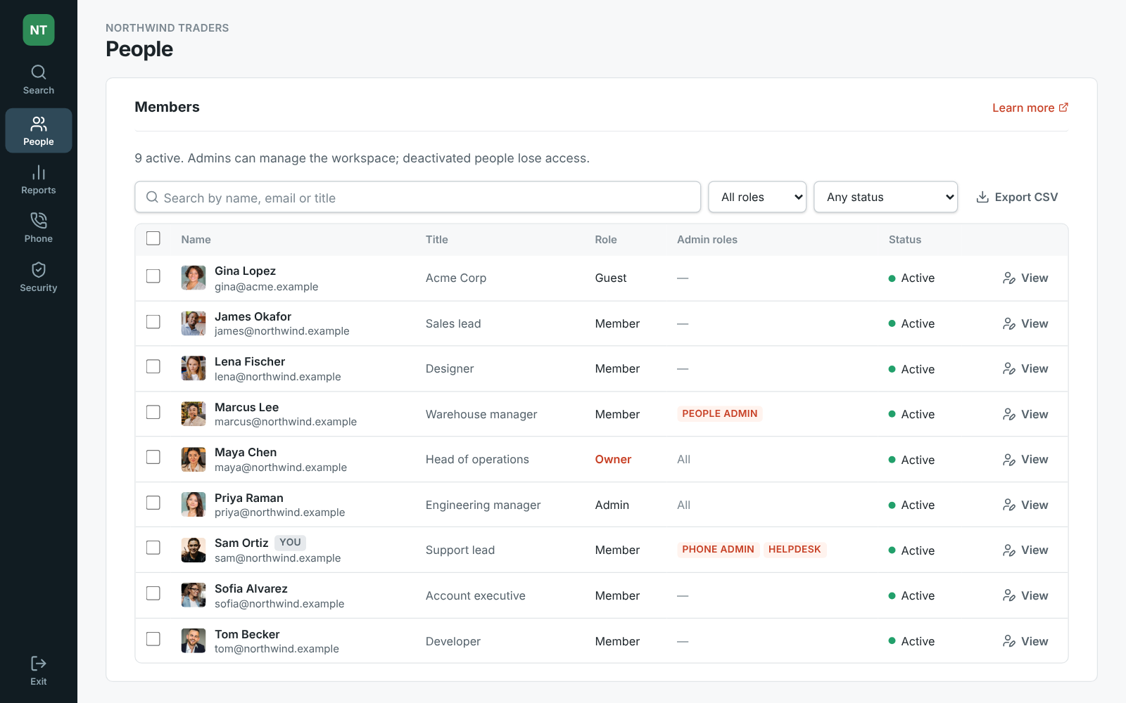 The Admin Center as Sam Ortiz, a Phone admin with Helpdesk, sees it: only Members, Call center, Security activity and the Phone pages