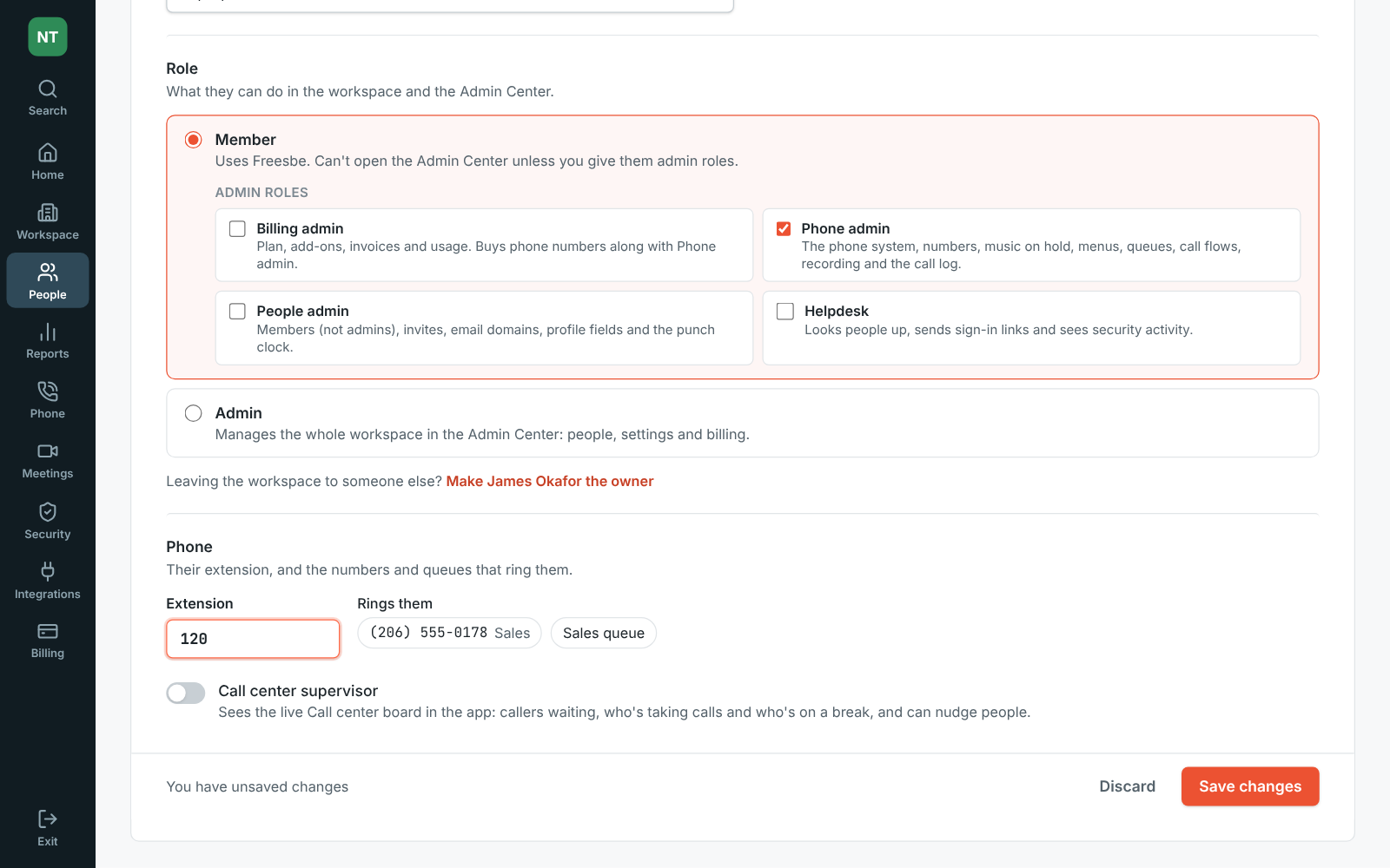 Further down James’s page: Member with the Phone admin role ticked, his extension, and the Sales line and Sales queue that ring him