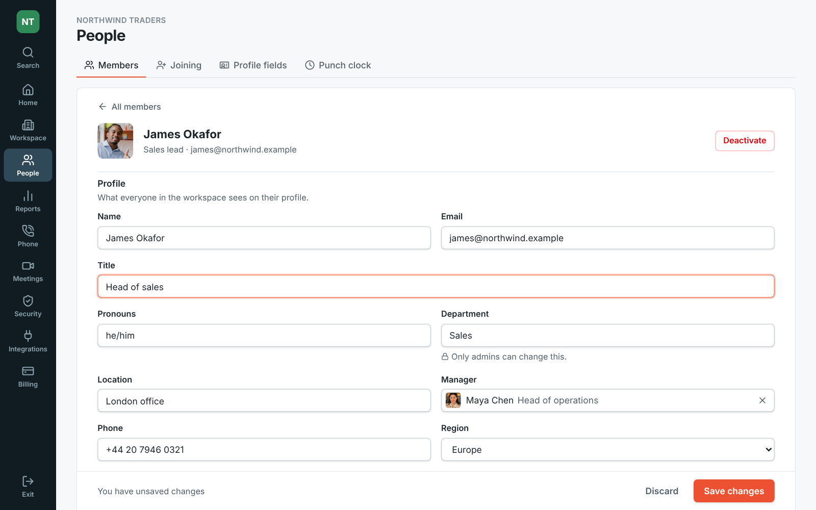 James Okafor’s page in the Admin Center, with his profile and Save changes