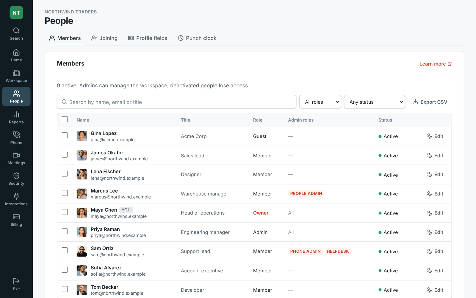 The Admin Center’s Members page, with the strip of areas on the left and People’s pages as tabs