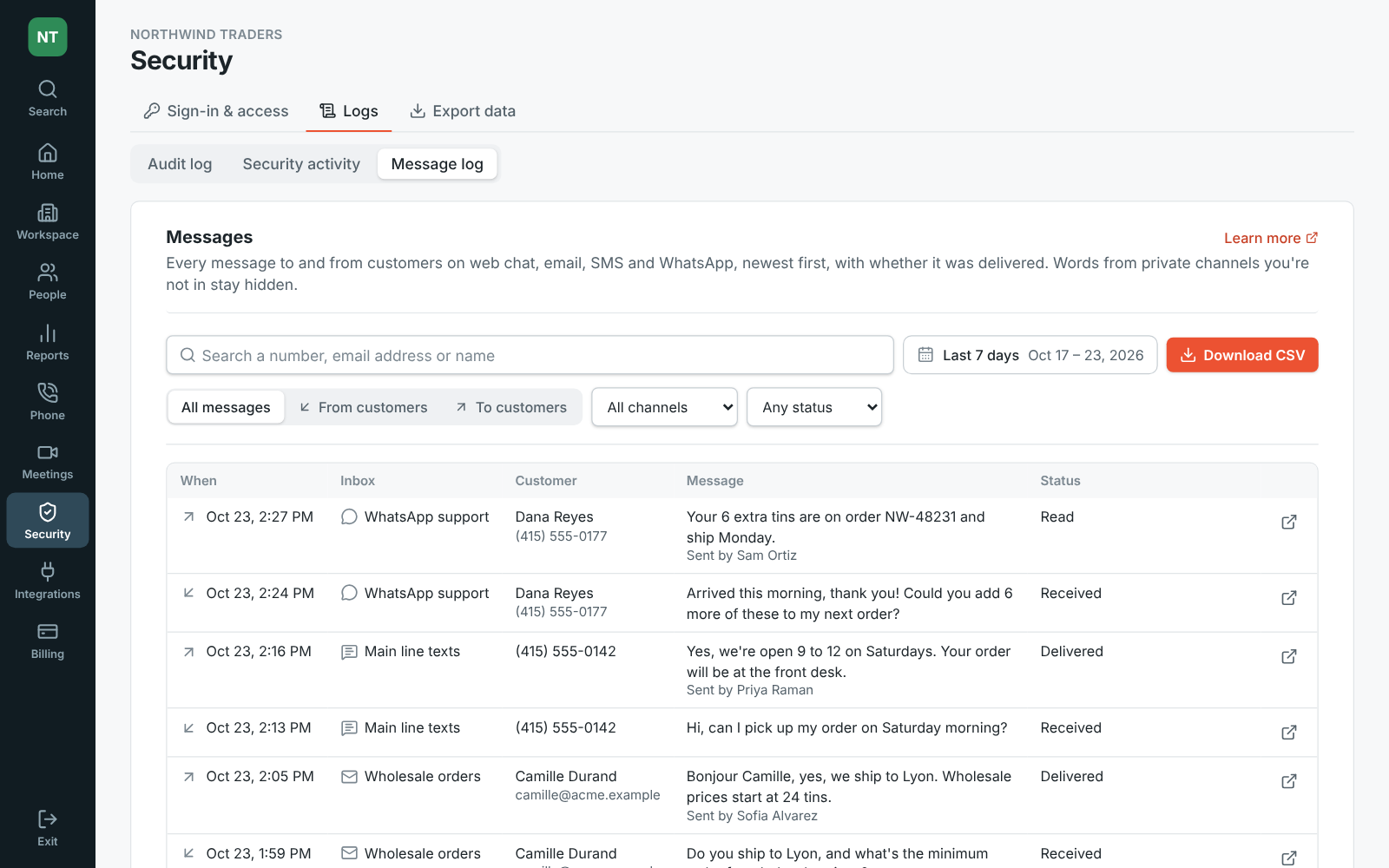 The Admin Center’s Message log: messages from and to customers on web chat, email, SMS and WhatsApp, with one that failed