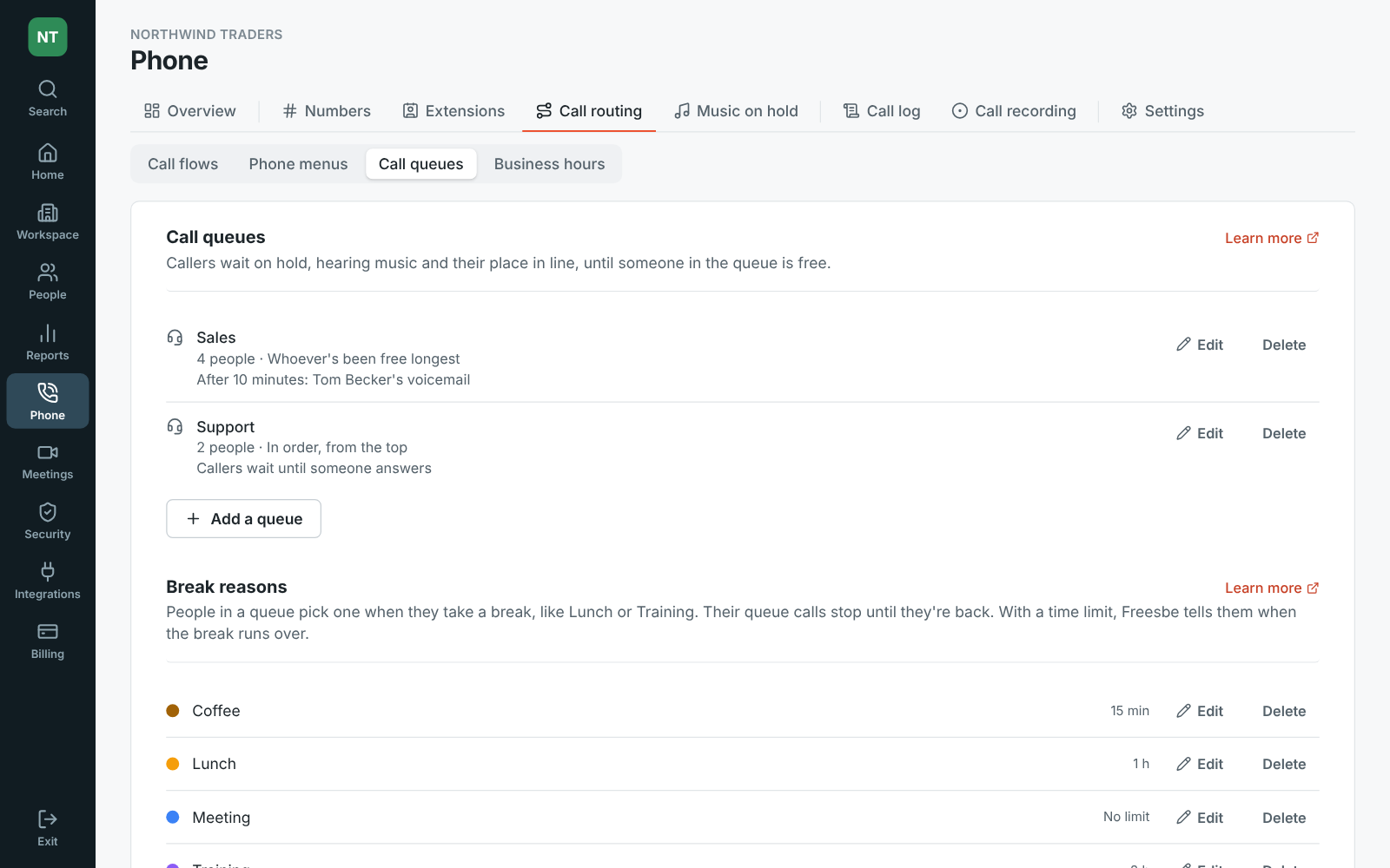 The Admin Center on Phone → Call routing → Call queues: break reasons for Coffee, Lunch, Meeting and Training with their time limits, under the queues