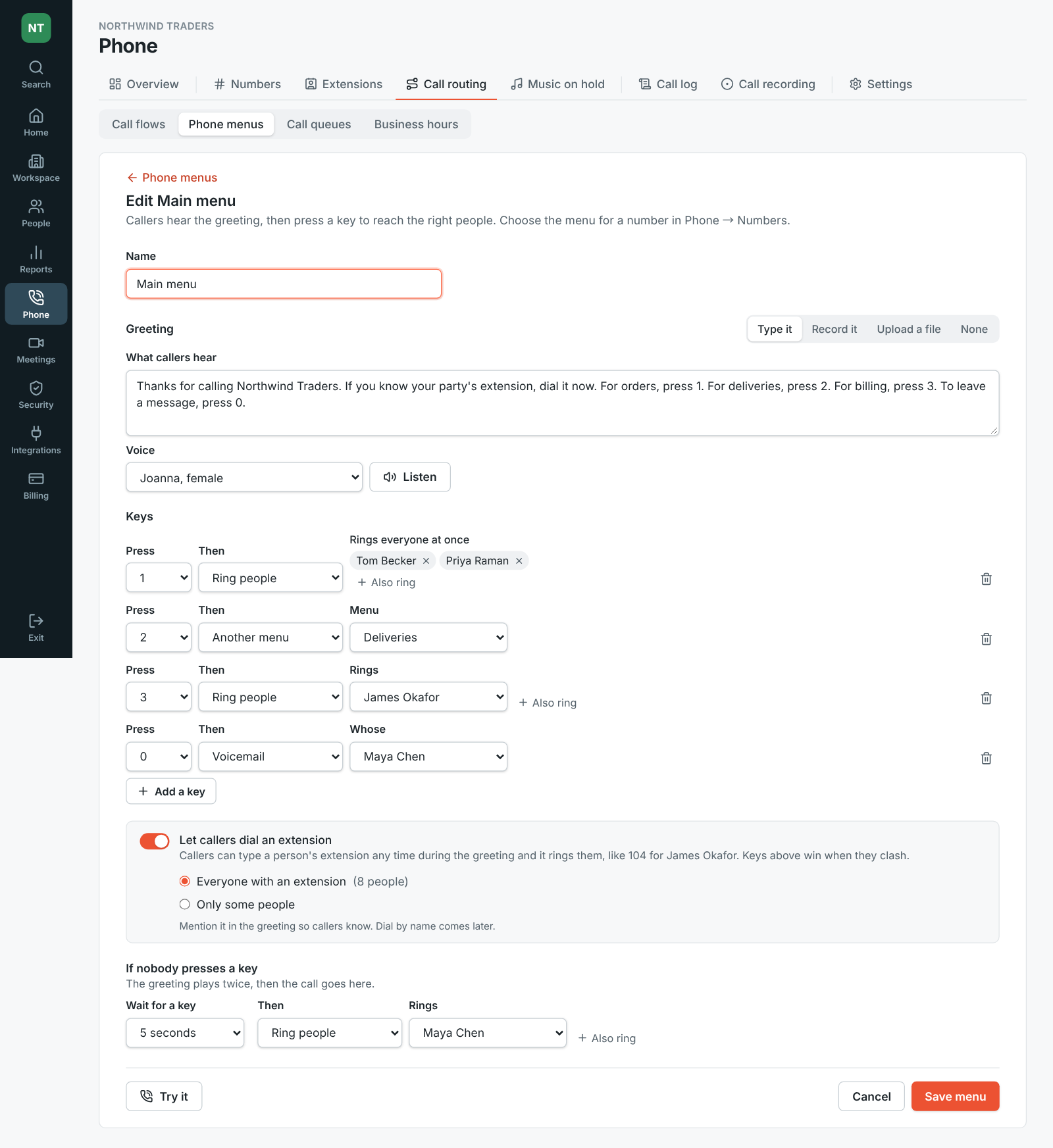 Editing the Main menu in the Admin Center: a typed greeting read out by Joanna, key 1 ringing two people, key 2 opening the Deliveries menu, key 3 ringing James and key 0 taking a voicemail