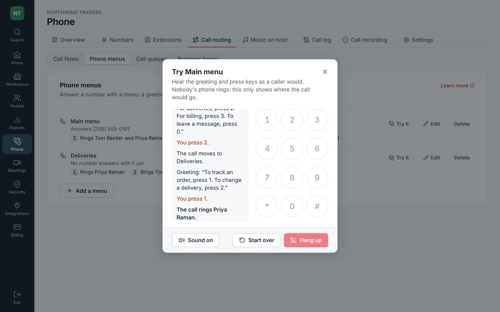 Trying the Main menu: the greeting, key 2 moving the call to Deliveries, then key 1 there ringing Priya Raman