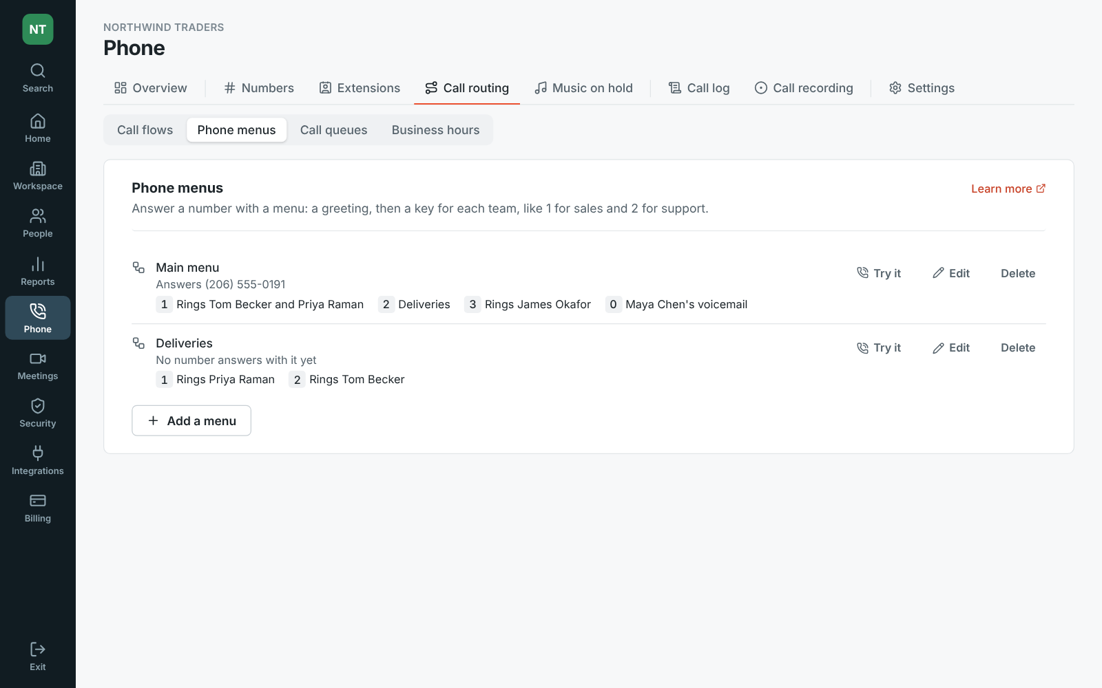 The Admin Center on Phone → Call routing → Phone menus: a Main menu answering one number, with keys for orders, deliveries, billing and voicemail, and a Deliveries menu under it