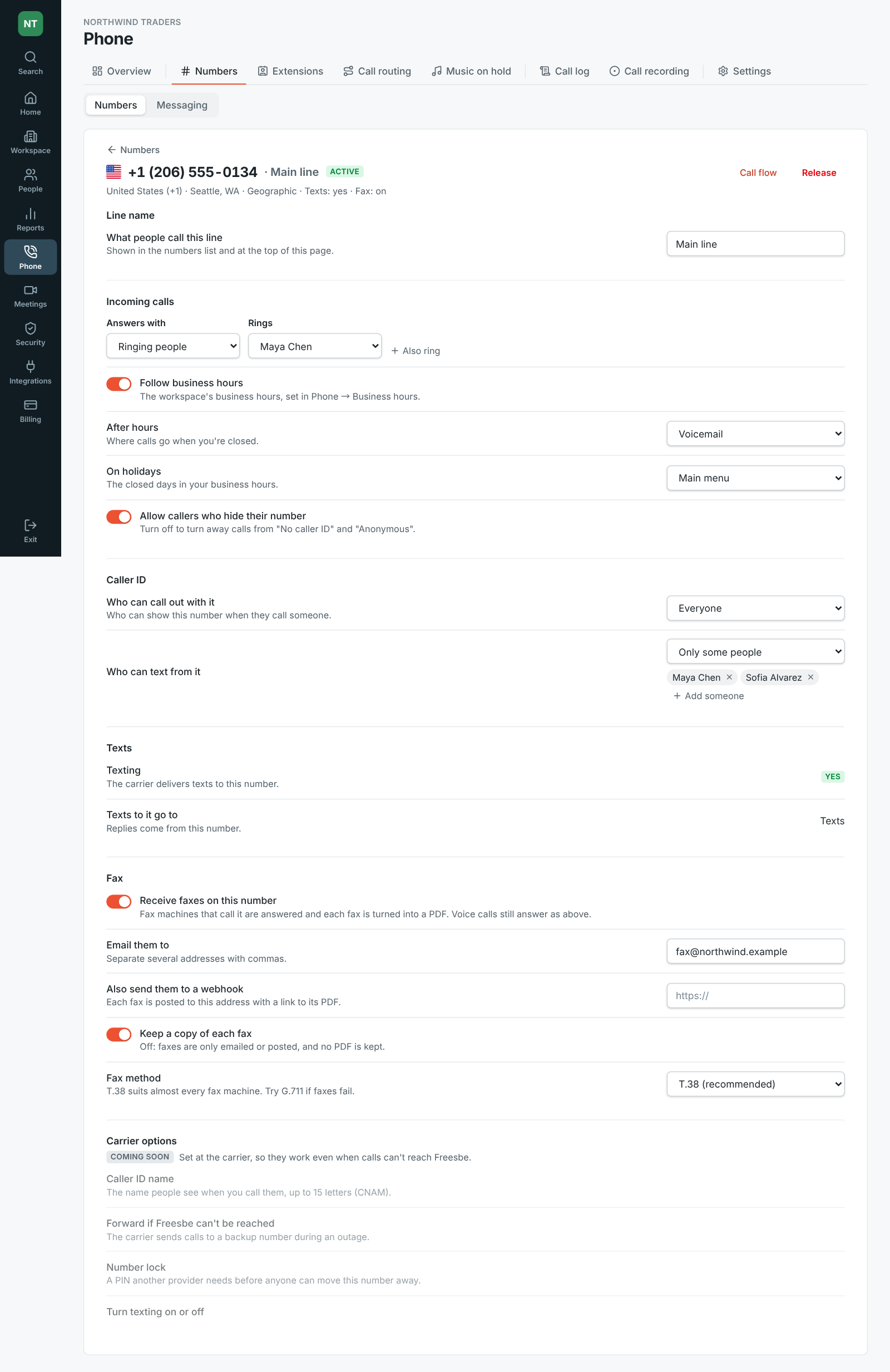 One number’s settings in the Admin Center: its name, incoming calls with business hours, caller ID, texts going to the Texts inbox, fax to an email address, and the carrier options to come