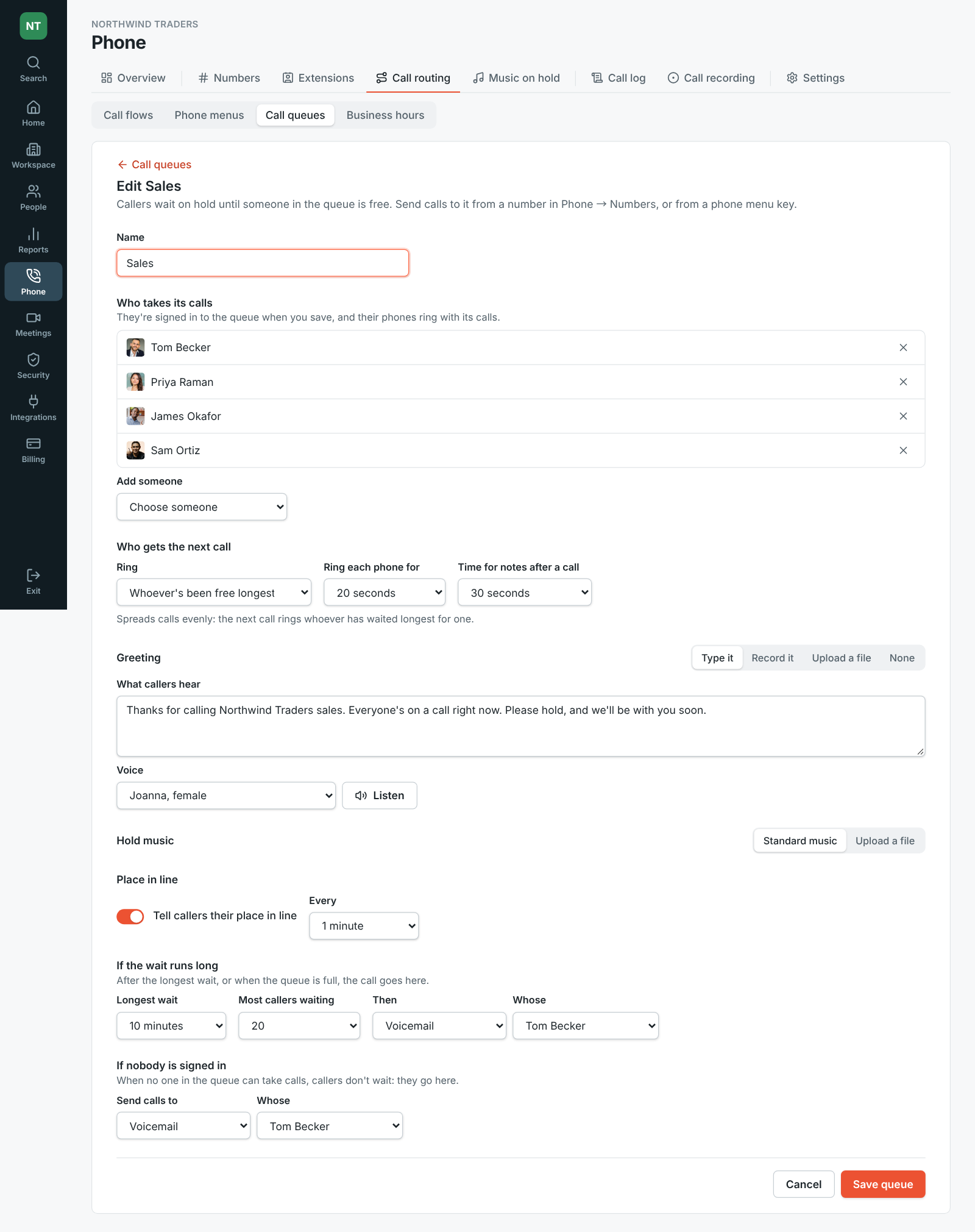 Editing the Sales queue: four people, whoever’s been free longest gets the next call, a typed greeting, standard hold music, place in line every minute, and voicemail after 10 minutes