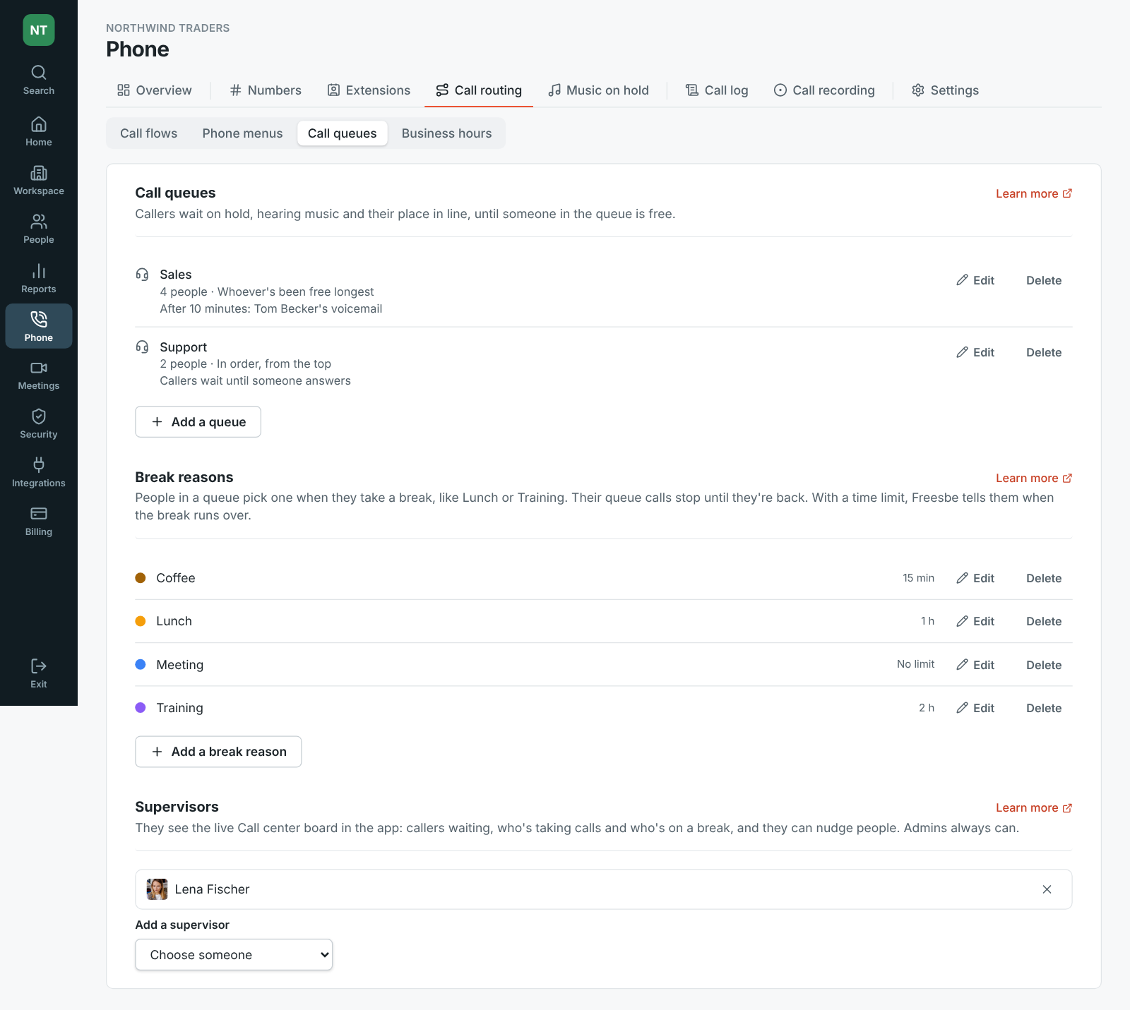 The Admin Center on Phone → Call routing → Call queues: Lena Fischer as a supervisor, under the break reasons