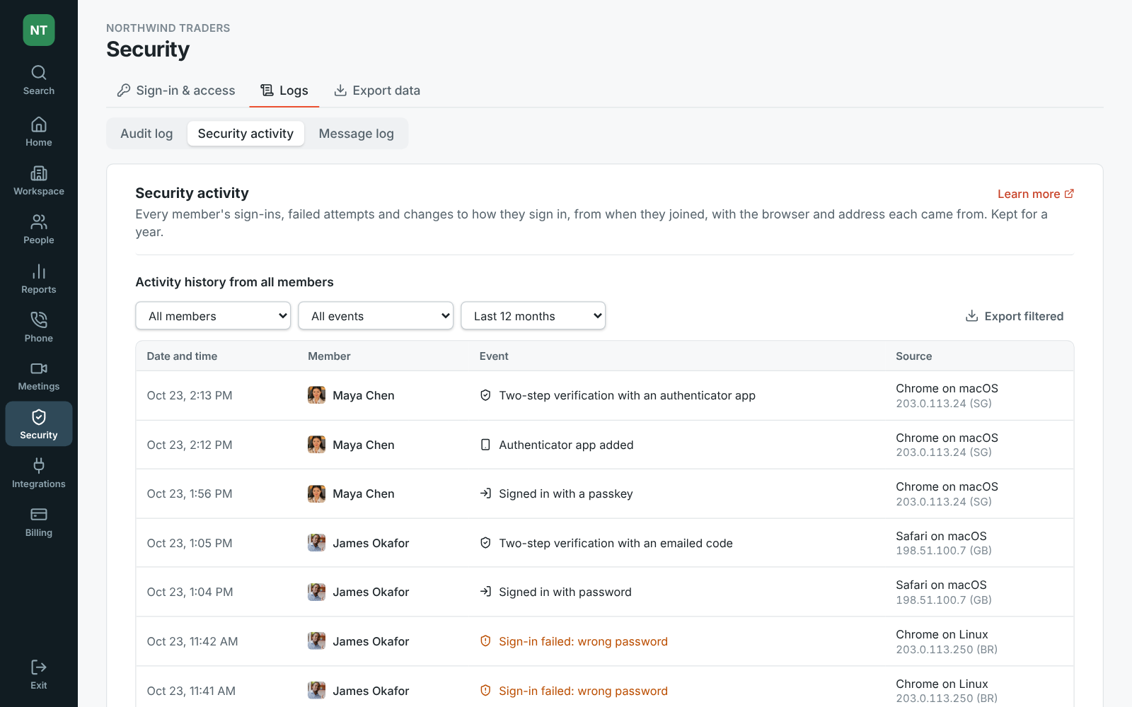 The Admin Center at manage.freesbe.net, open at Security activity