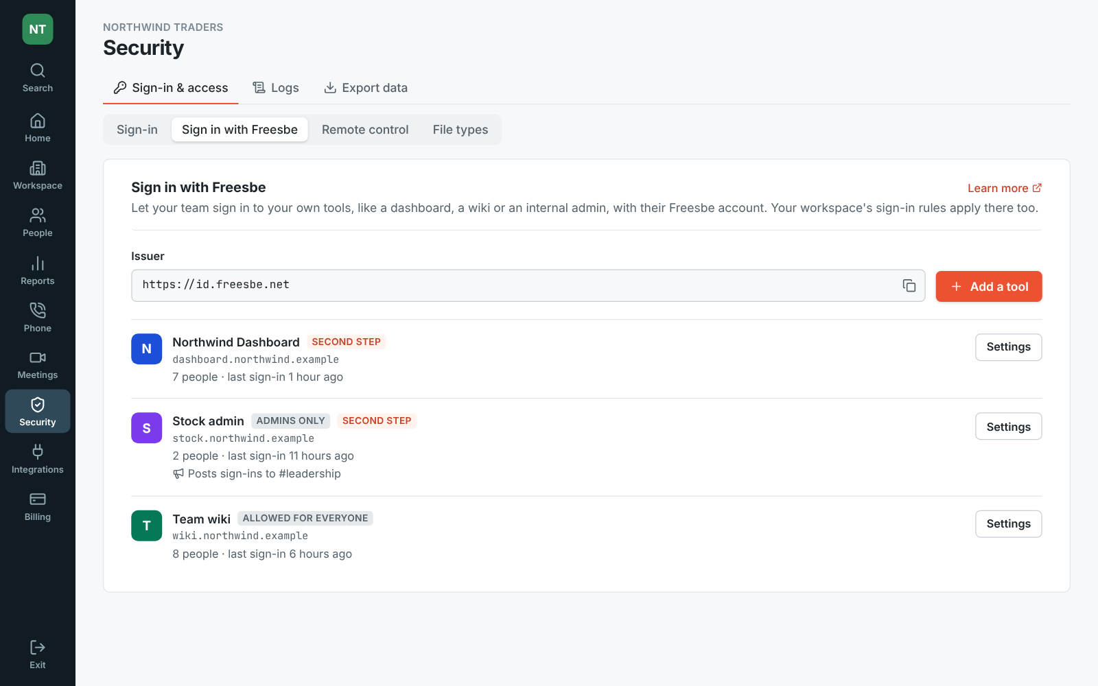 Admin Center, Security & compliance, Sign in with Freesbe: Northwind Dashboard, Stock admin and Team wiki