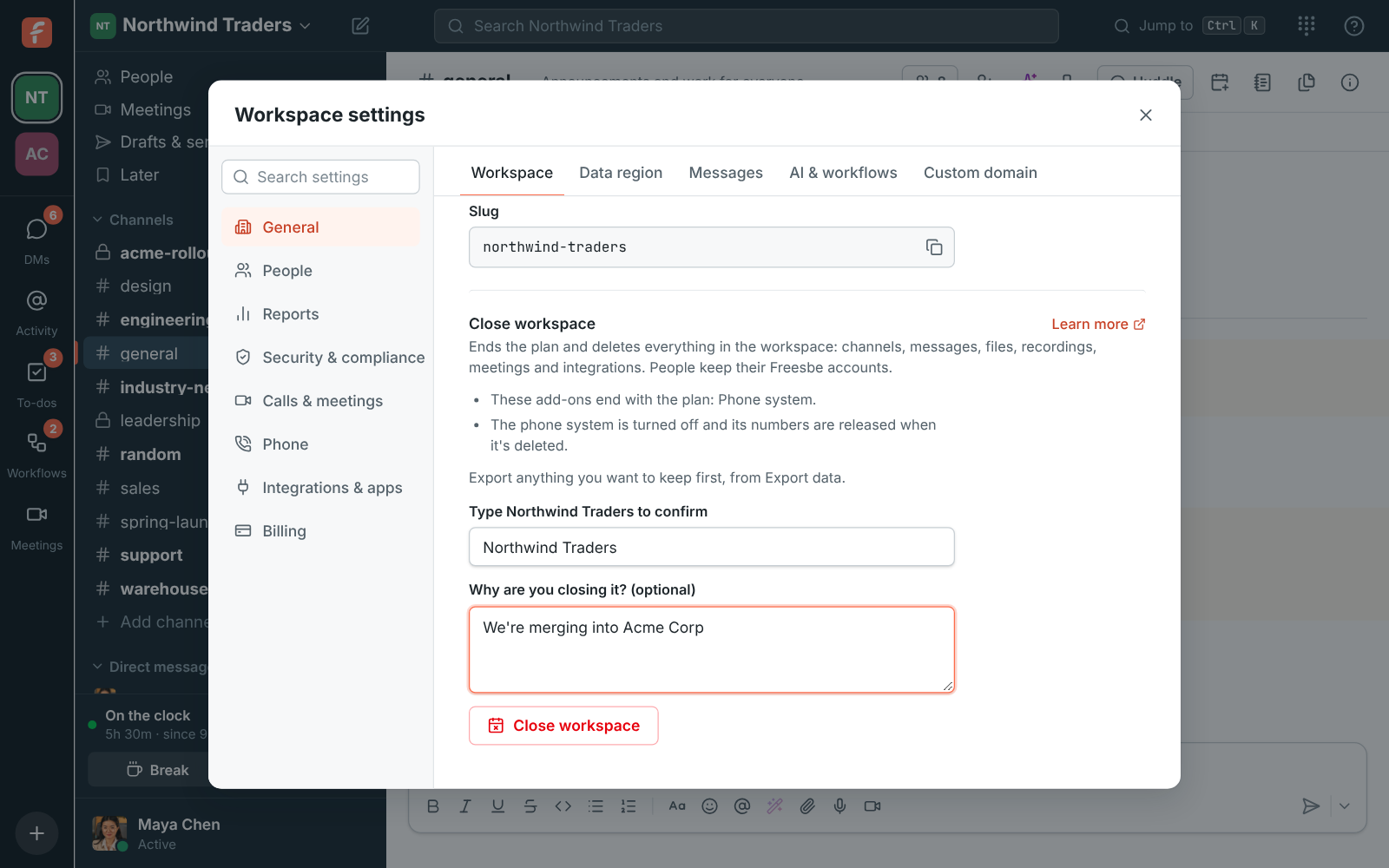 Workspace settings, Workspace: Close workspace, with the name to type, an optional reason and the Close workspace button