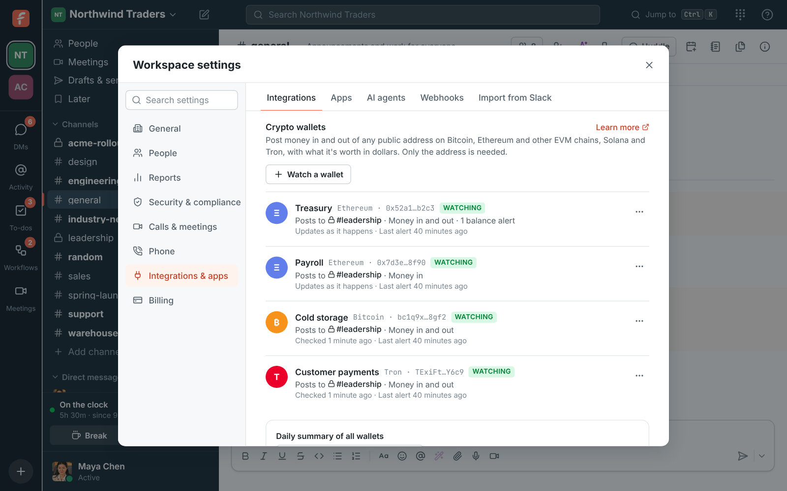 Workspace settings, Integrations, Finance: the Treasury and Payroll wallets on Ethereum, Cold storage on Bitcoin and Customer payments on Tron, each posting to #leadership, and a 9 AM daily summary
