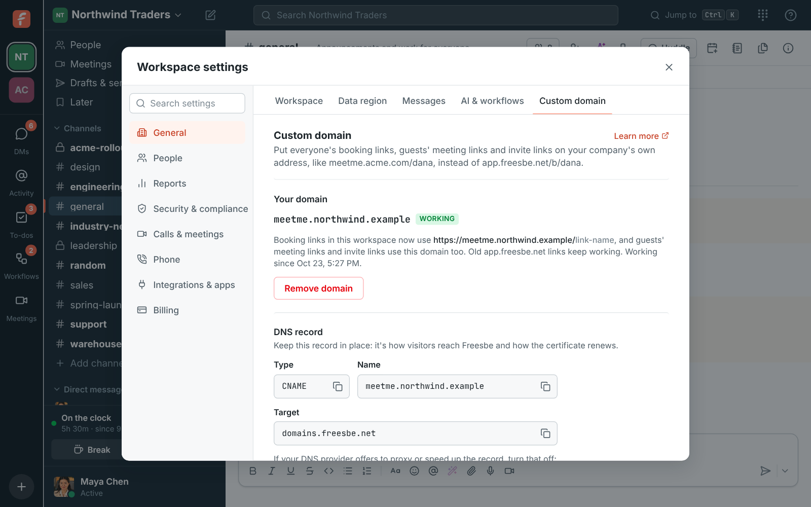 The Custom domain section: meetme.northwind.example is working, with the CNAME record to keep in place