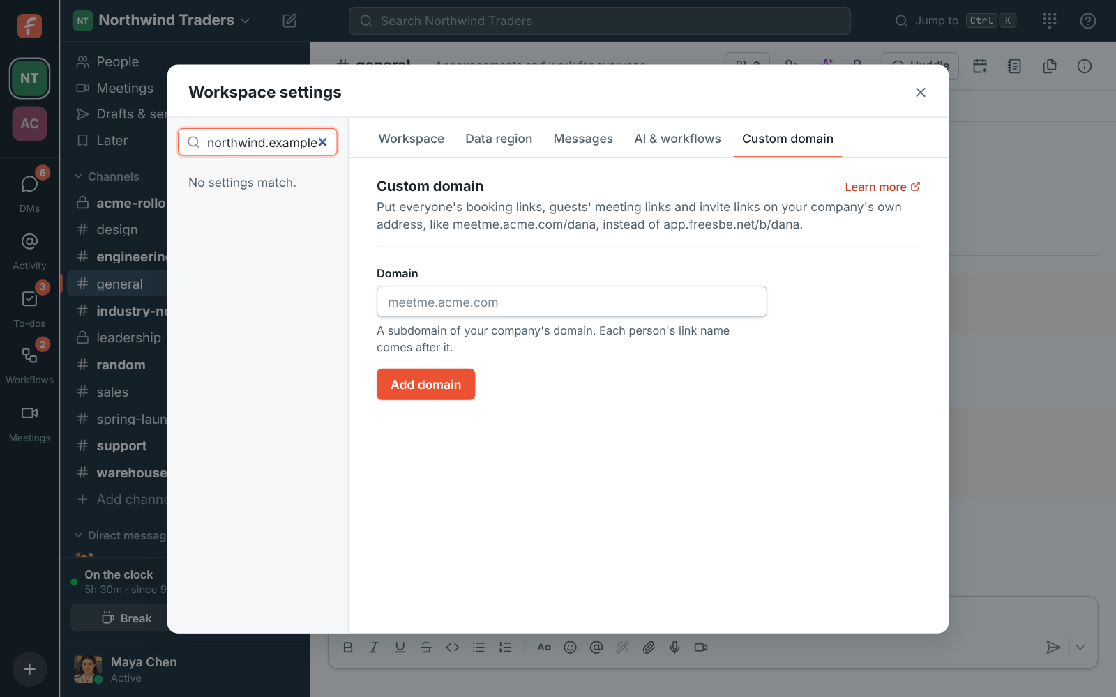 Adding a domain: meetme.northwind.example typed in, with Booking links will look like https://meetme.northwind.example/dana underneath