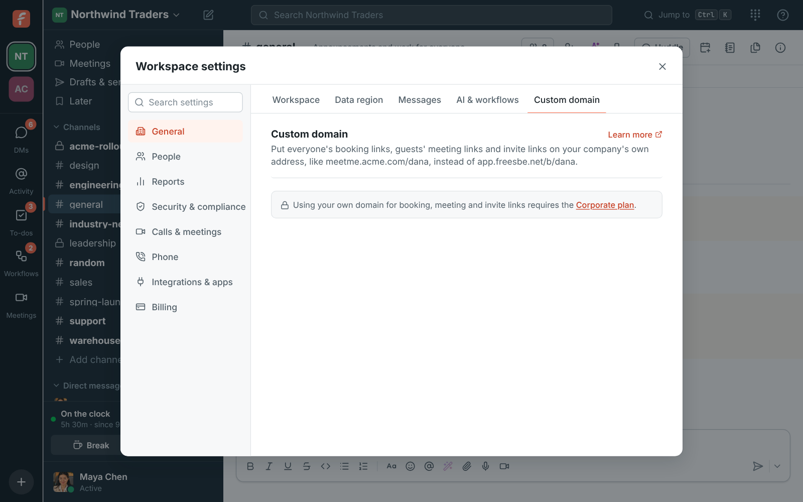 The Custom domain section on the Business plan: using your own domain requires the Corporate plan, with a link to upgrade
