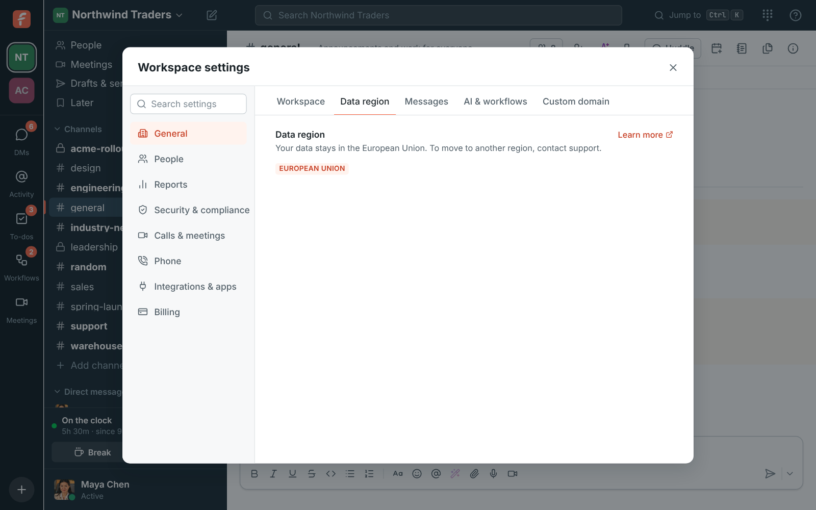 Workspace settings, General: Data region, showing European Union and that the data stays in the EU