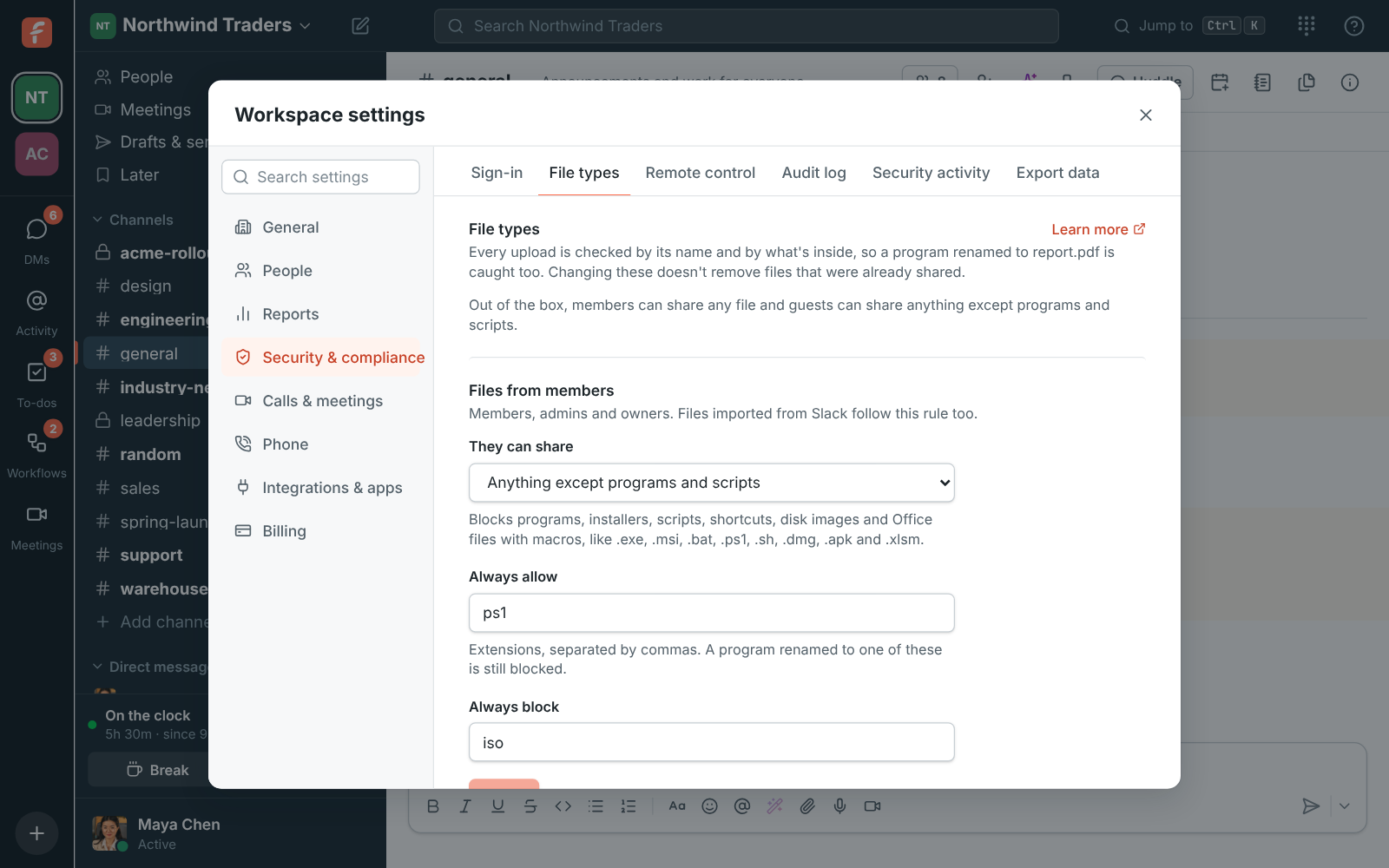 Workspace settings, Security & compliance: File types, with members blocked from sharing programs and scripts, PowerShell scripts always allowed and ISO images always blocked