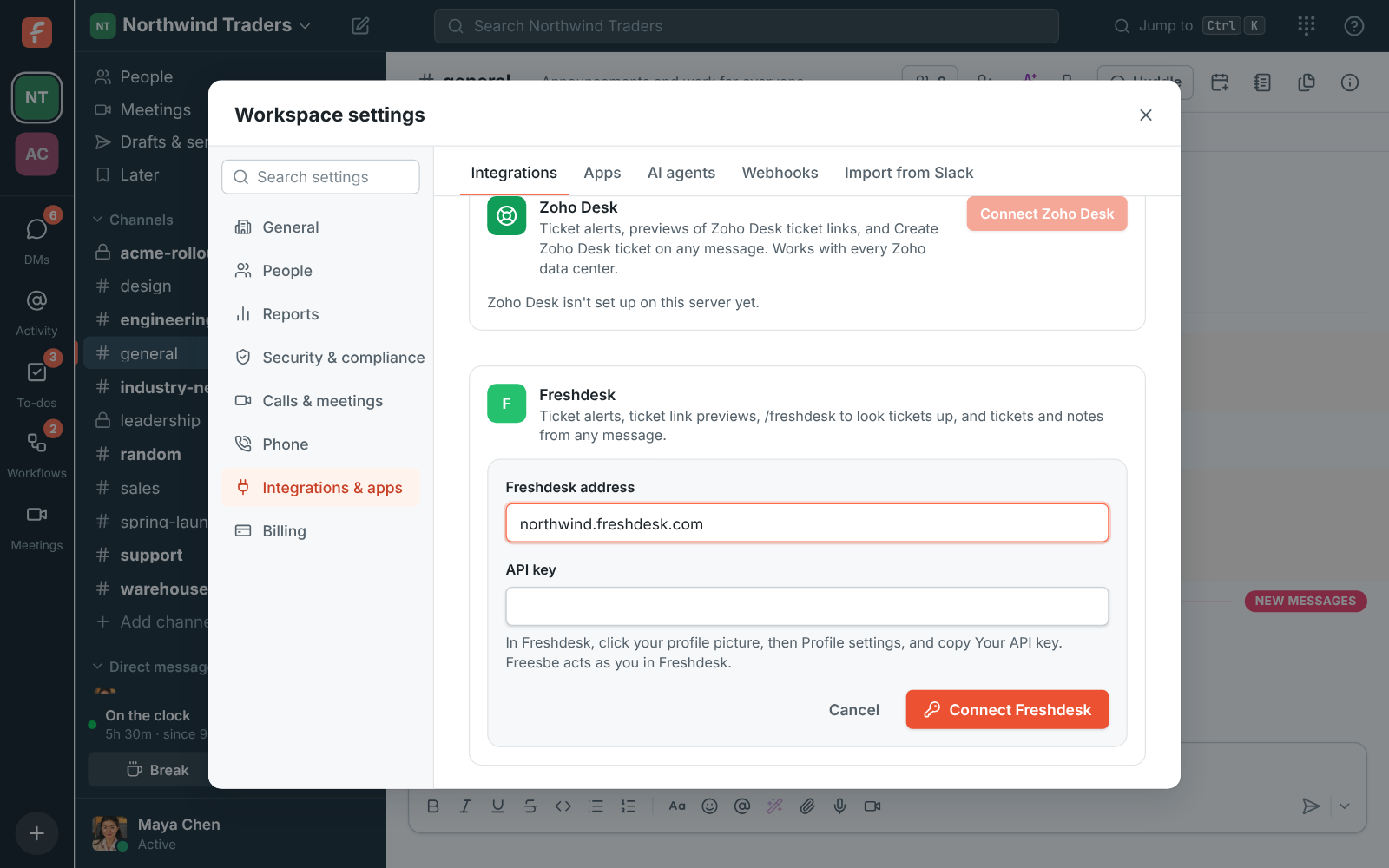 Workspace settings, Integrations, Support: connect Freshdesk with the address northwind.freshdesk.com and an API key