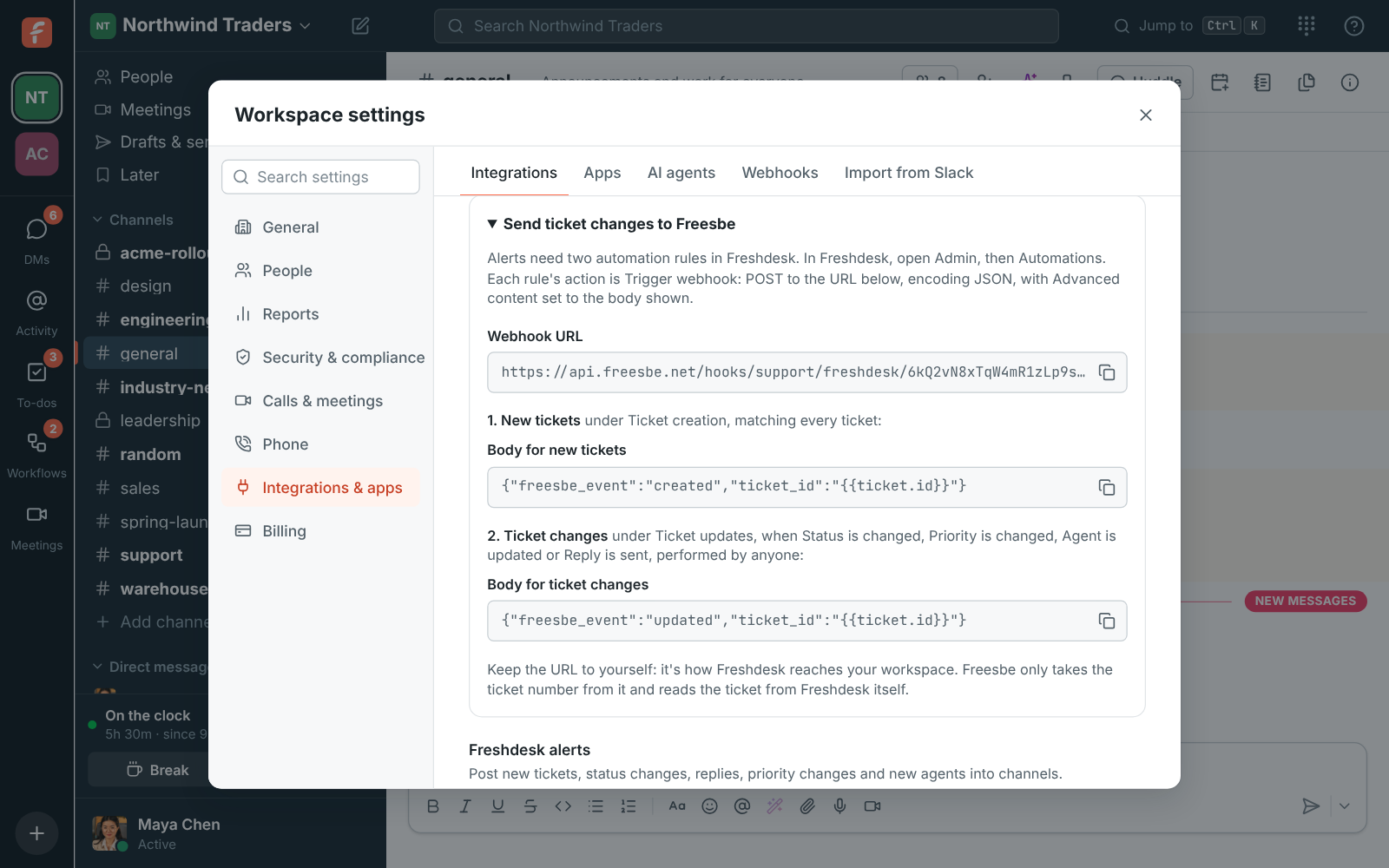 Workspace settings, Integrations, Support: Send ticket changes to Freesbe, with the webhook URL and the bodies for the two automation rules