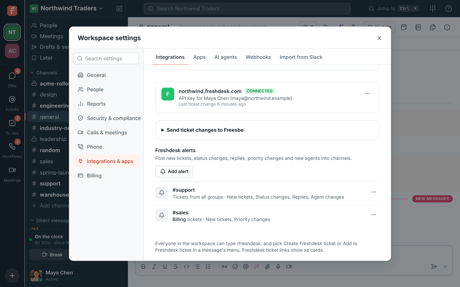 Workspace settings, Integrations, Support: Freshdesk connected, with alerts posting to #support and Billing tickets posting to #sales