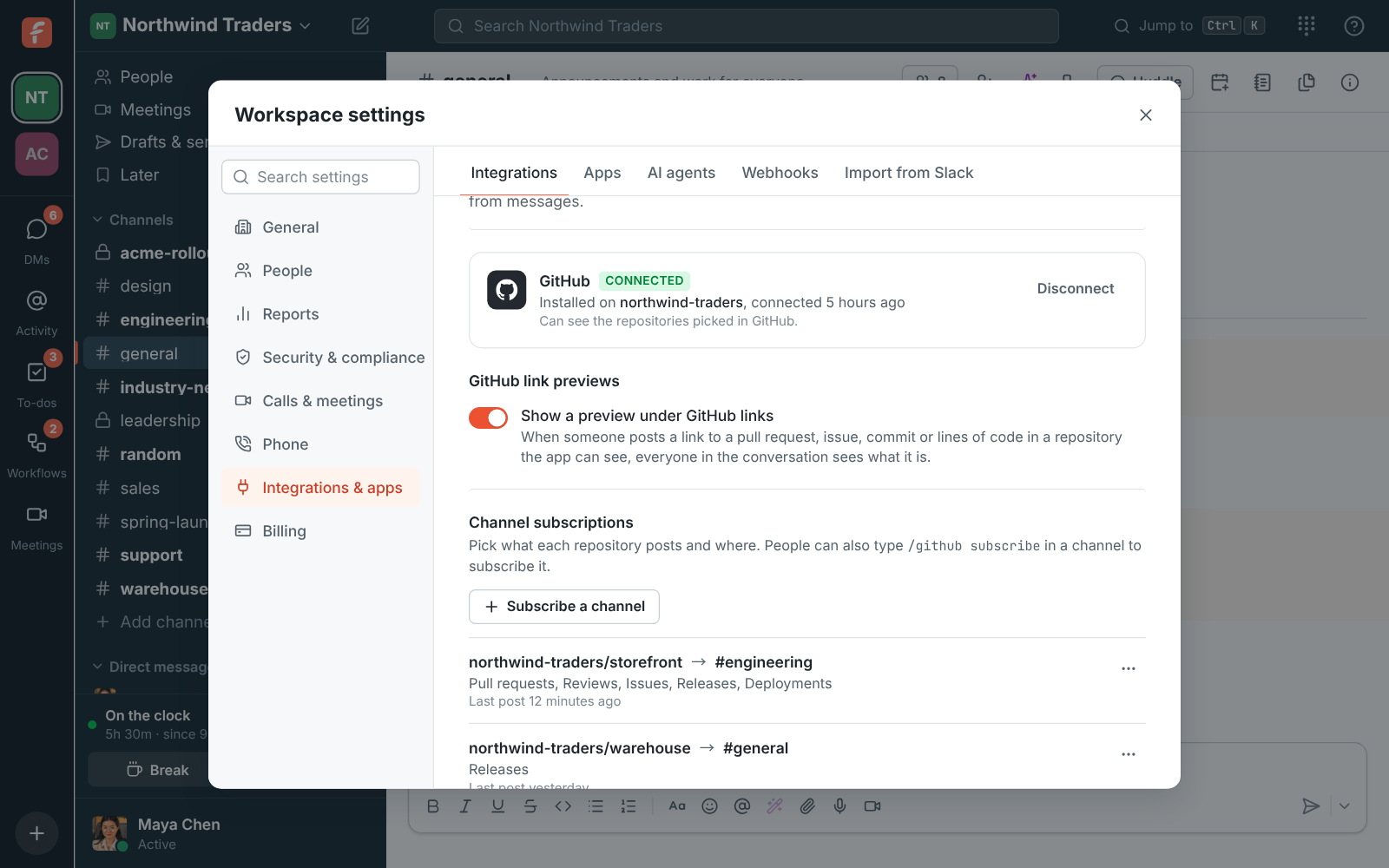 Workspace settings, Integrations, Dev tools: GitHub installed on northwind-traders with two channel subscriptions