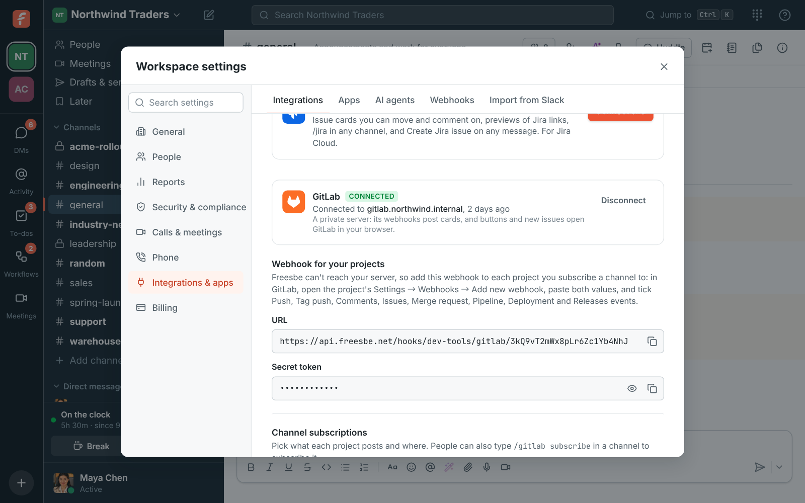 Workspace settings, Integrations, Dev tools: a private GitLab server, with the webhook URL and secret token to add to each project
