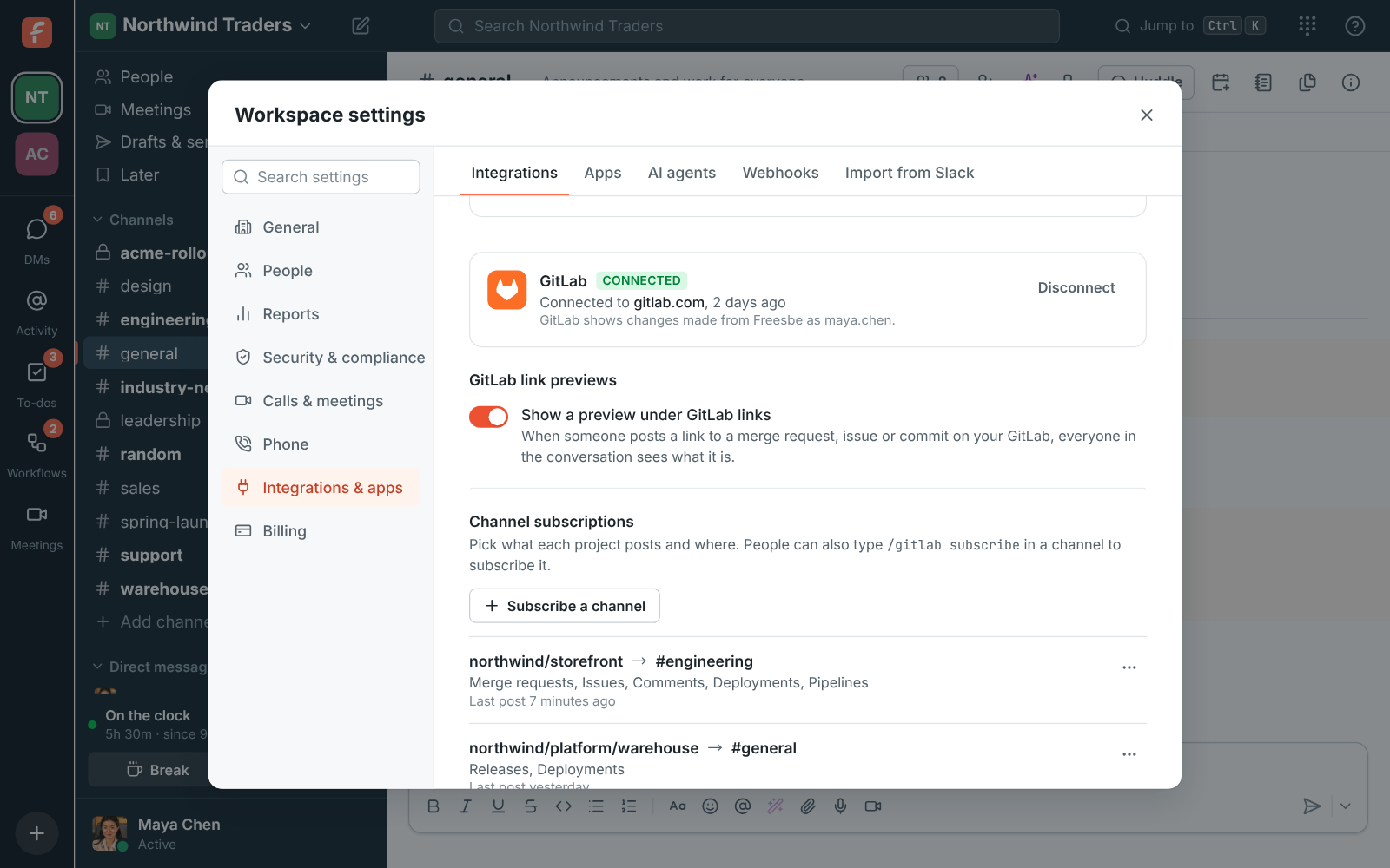 Workspace settings, Integrations, Dev tools: GitLab connected to gitlab.com with two channel subscriptions