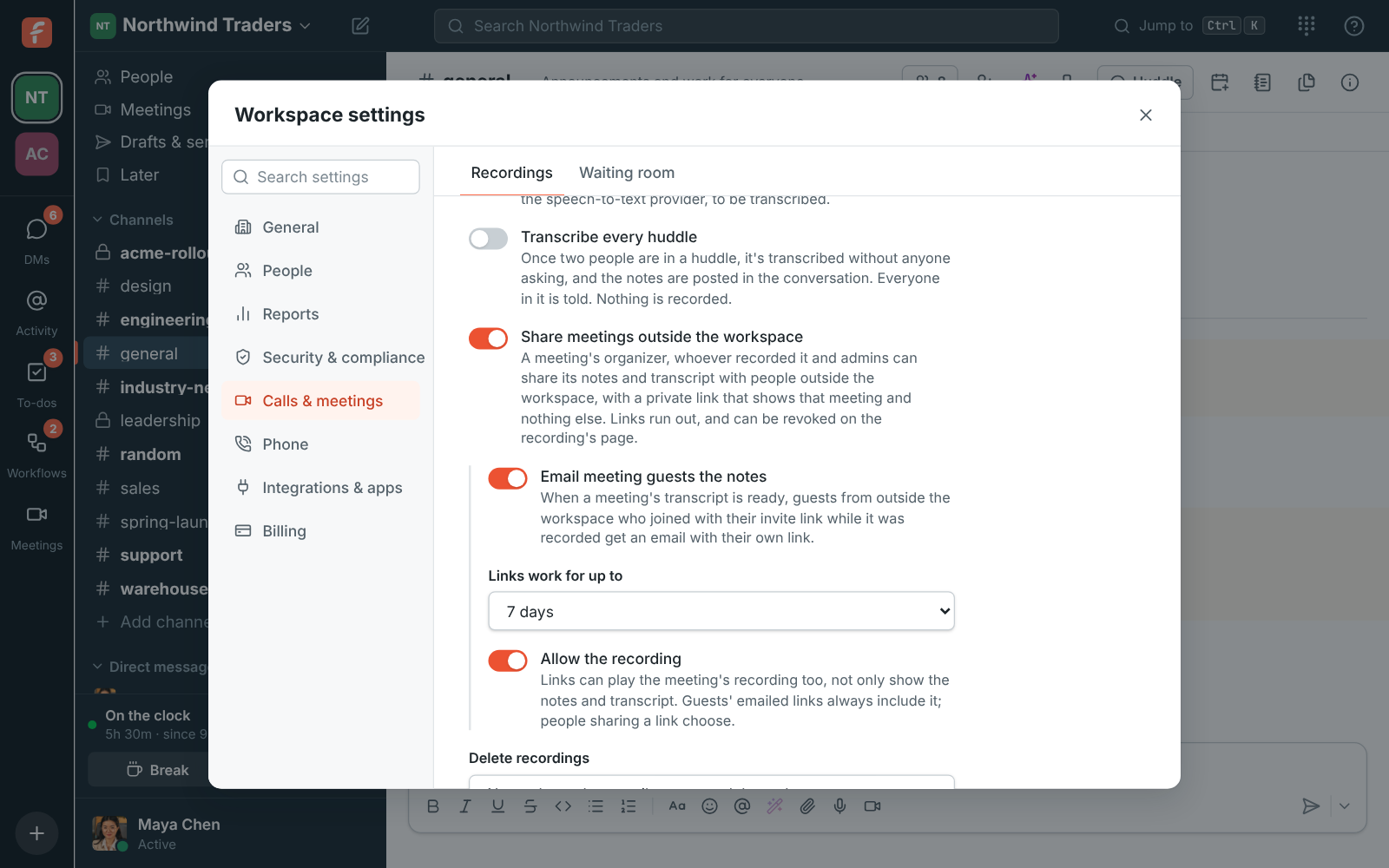 Share meetings outside the workspace, turned on: guests are emailed the notes, links work for up to 7 days and can play the recording